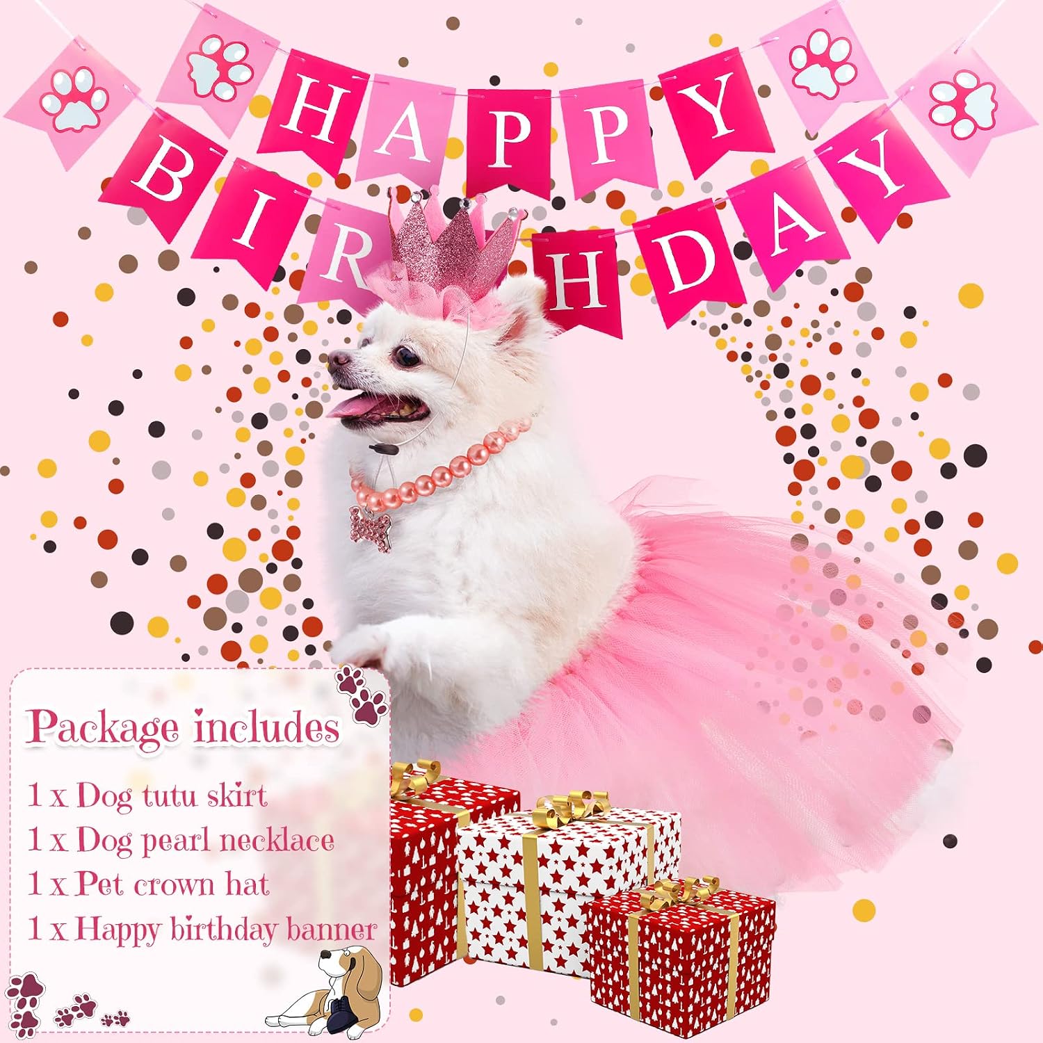 4 Pcs Dog Birthday Outfit Party Supplies with Pink Pet Tutu Skirt Pearl Necklace Crown Hat and Happy Birthday Banner for Small Medium Large Puppy Dogs Pet image 5