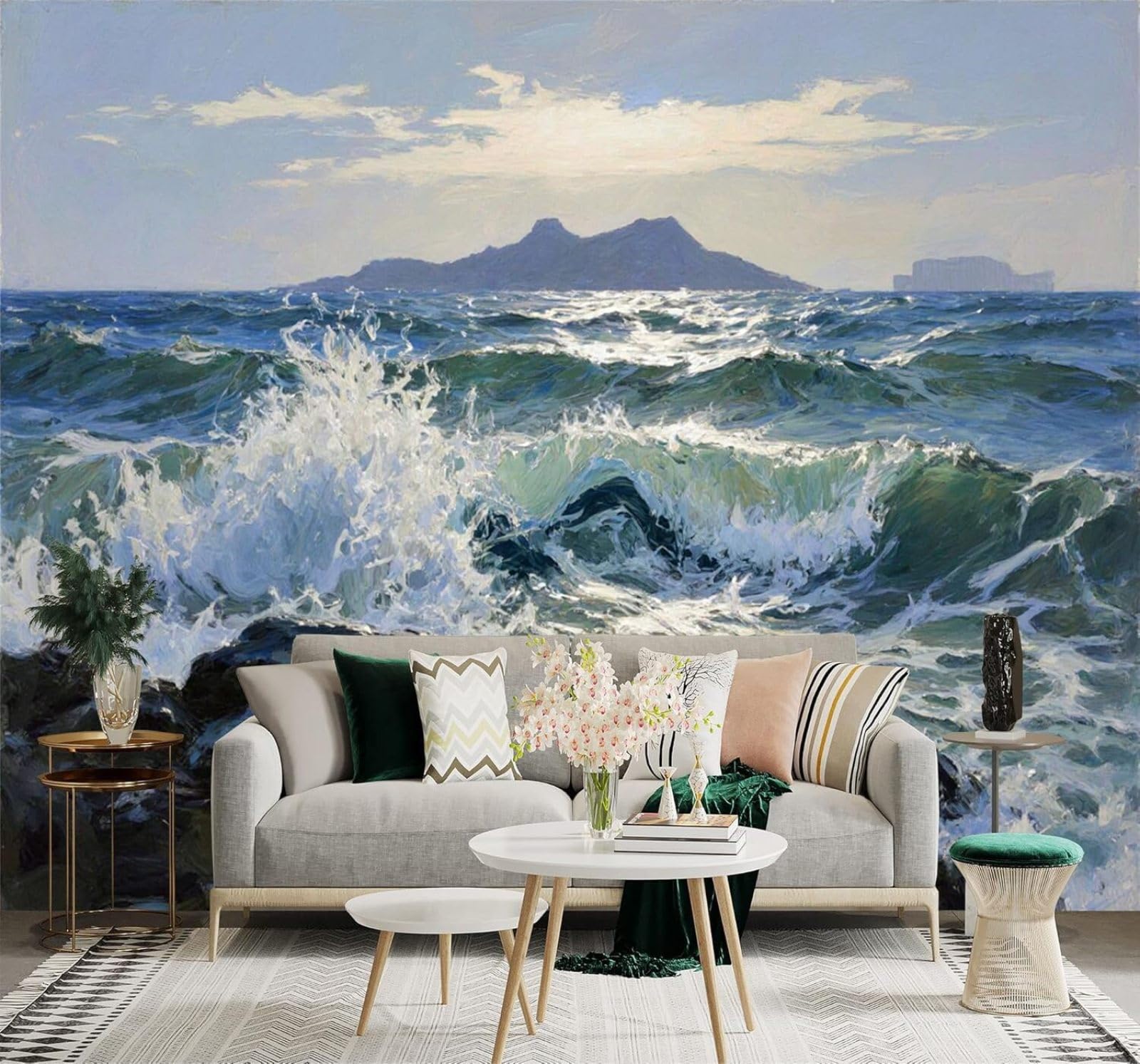 XLMING Waves Crashing Against Rocks Island Blue Sky Coast Landscape 3D Wallpaper Premium Textured Silk Study Dining Living Room Bedroom Sofa TV Wall Easy Install-150cm×105cm