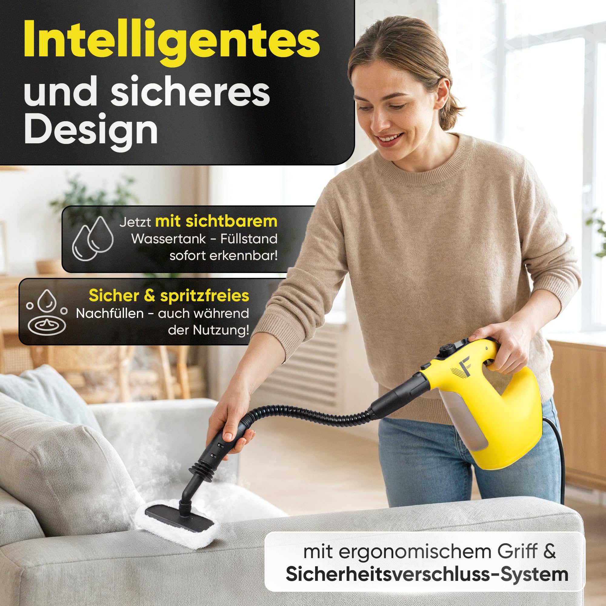 Neighbour's Friend® Dampfreiniger 2 in 1 mit Dampf Mop Funktion – Leistungsstarker Handdampfreiniger 1500W, 4m Kabel, 450ml Tank I Dampfreiniger Handgerät für Boden, Fenster, Bad, Teppich, Küche