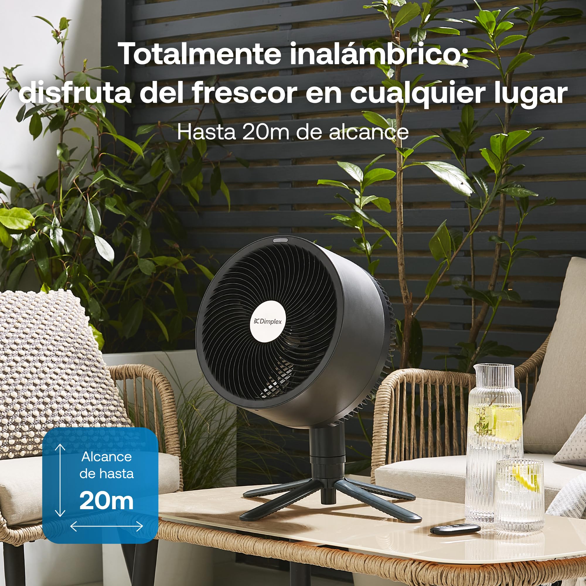Dimplex DUOCOOL ventilador inteligente inalámbrico 2 en 1, de pie y mesa, batería 45h, 5 velocidades + turbo, alcance 20m, silencioso: 36dB, app, Google Home y Alexa, mando a distancia, negro