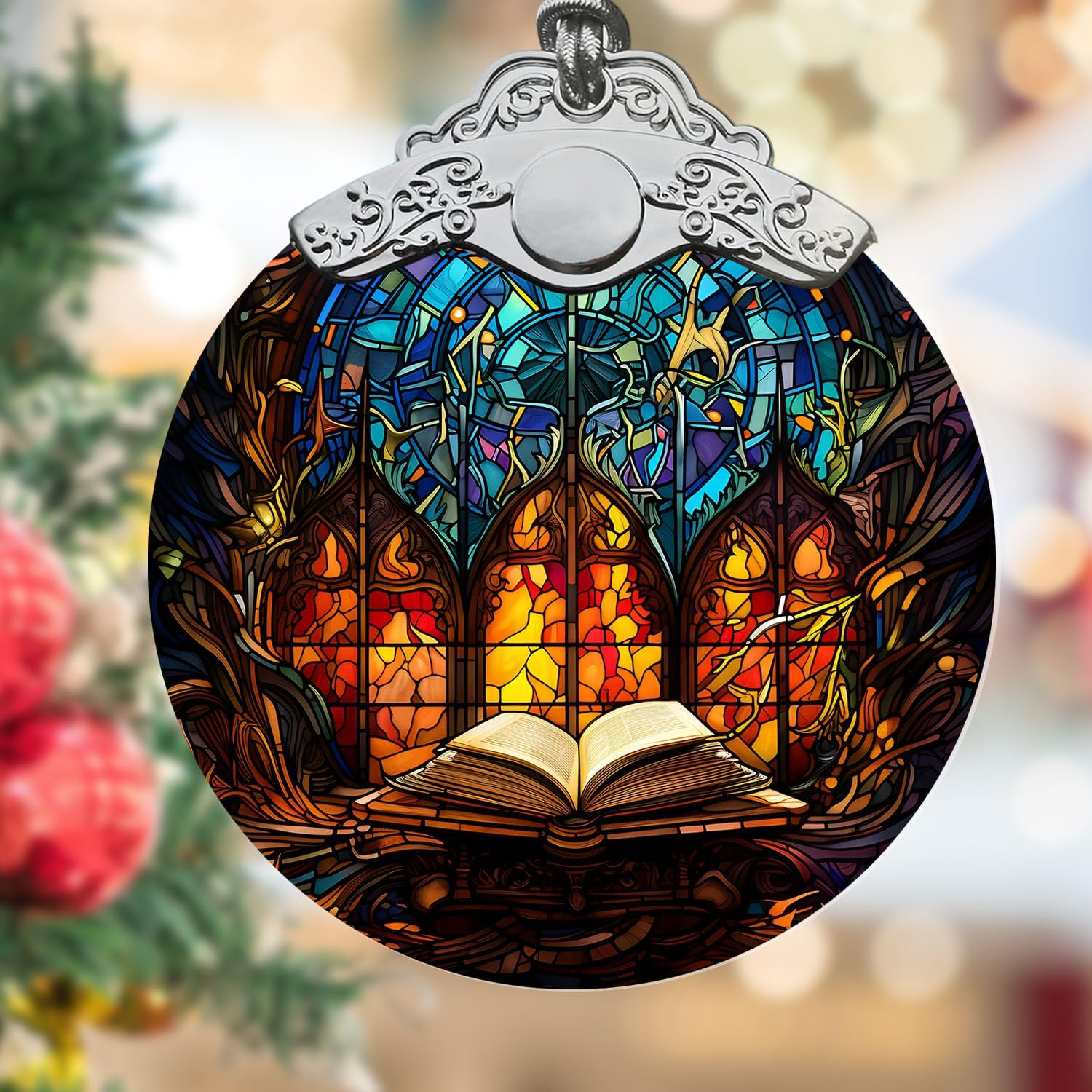 Christmas Decorations Bible Book Stained Glass Ornament for Christmas Tree