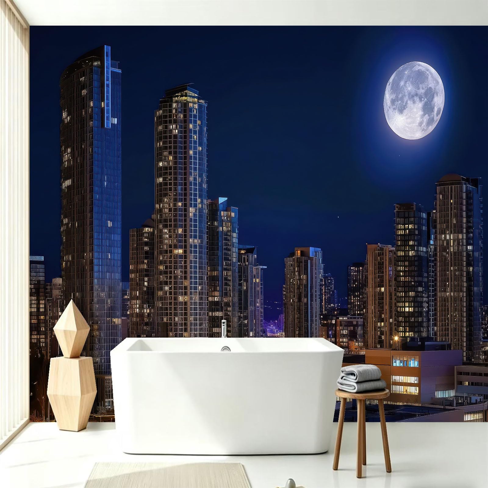 Tapeta fototapeta miasto księżyc noc scena 400 x 280 cm (szer. x wys.) fototapeta 3D włóknina fototapeta nowoczesna fotografia, do salonu TV funkcja ściany sypialni i kuchni dekoracje murale