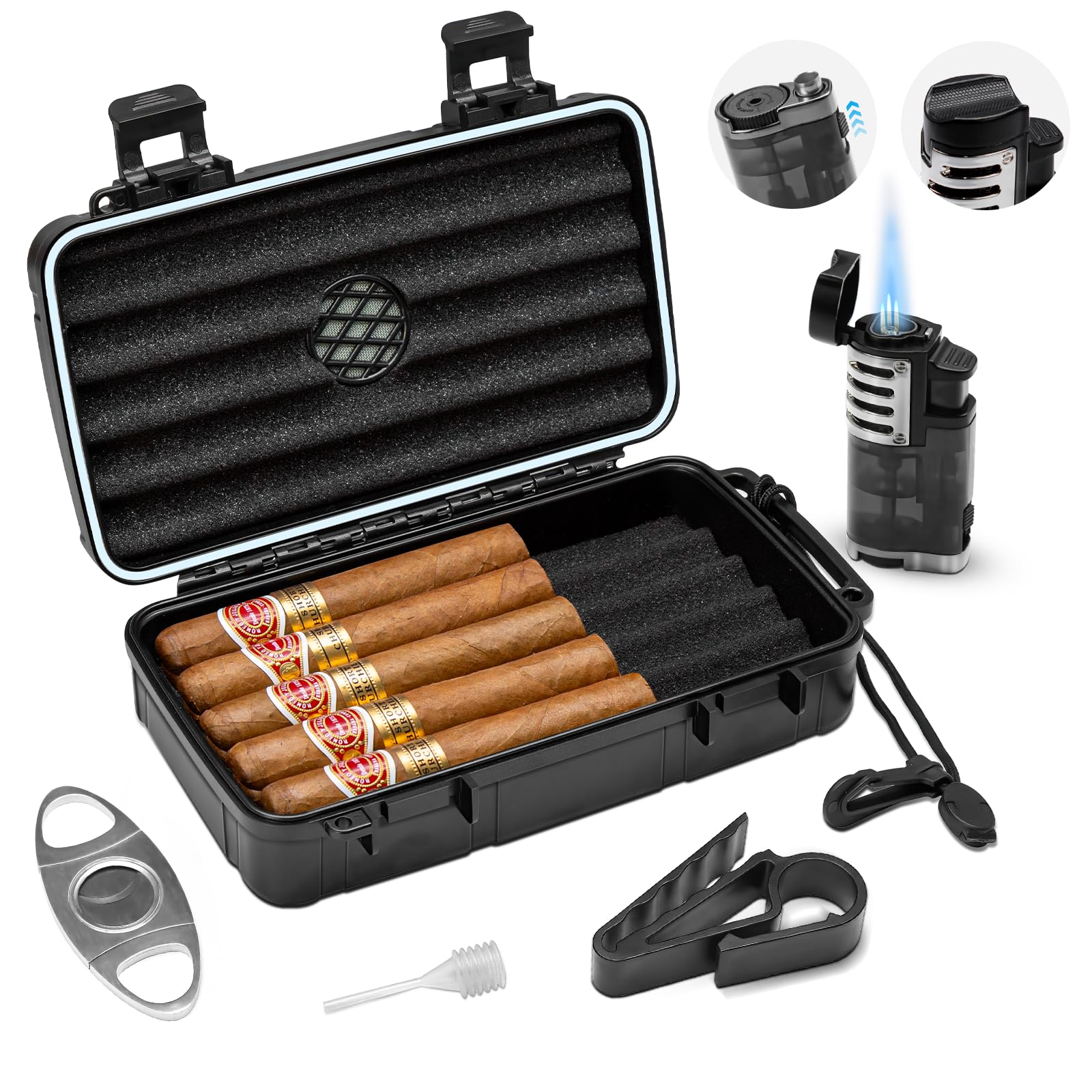 Flauno Travel Cigar Humidor - Portable Cigar Case kit with Cigar Lighter (Without Gas), Cigar Cutter, Cigar Holder, Humidifier & Dropper, Waterproof, Crushproof, Airtight Seal (Holds up to 10 Cigars)