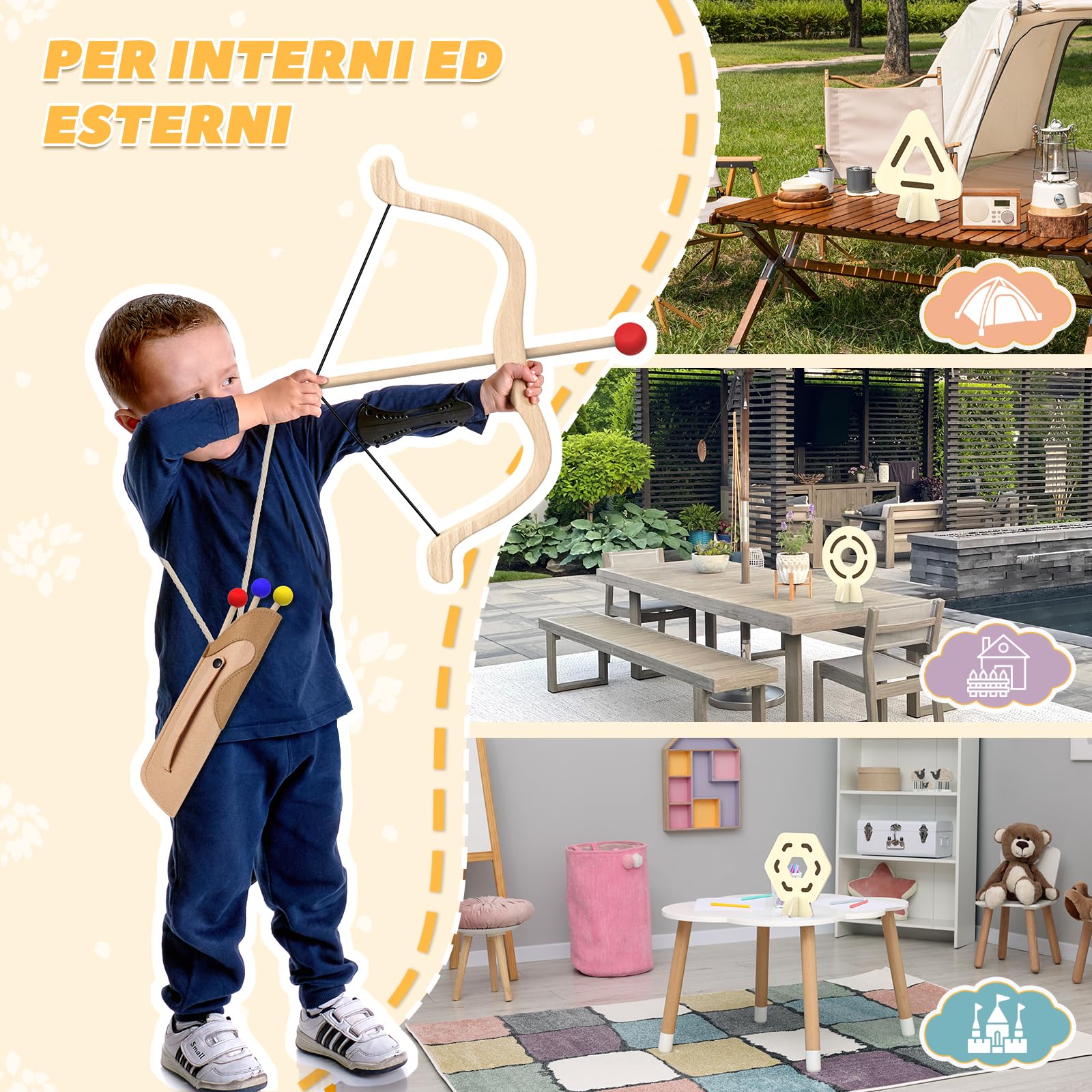 Set di Tiro con l'Arco in Legno per Bambini con 3 Frecce, 3 Bersagli e Faretra
