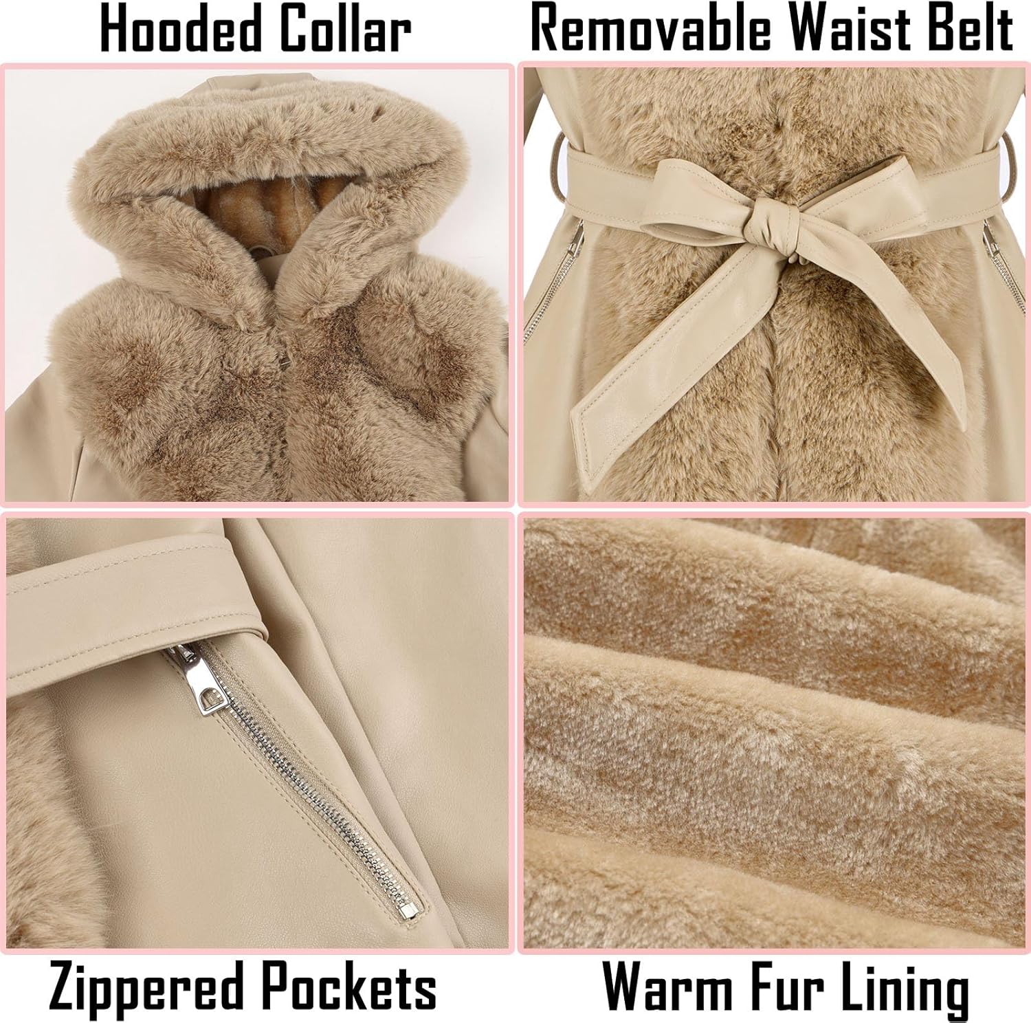 RISISSIDA Luxurious Women Winter Fur Lined Coat, Leather Jacket with Hooded Long Fur Collar, Thick Warm Heavy Overcoat Belted - Image 5