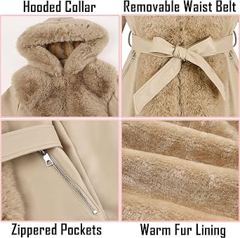 RISISSIDA Women Fur Lined Faux Leather Jacket Winter Coat
