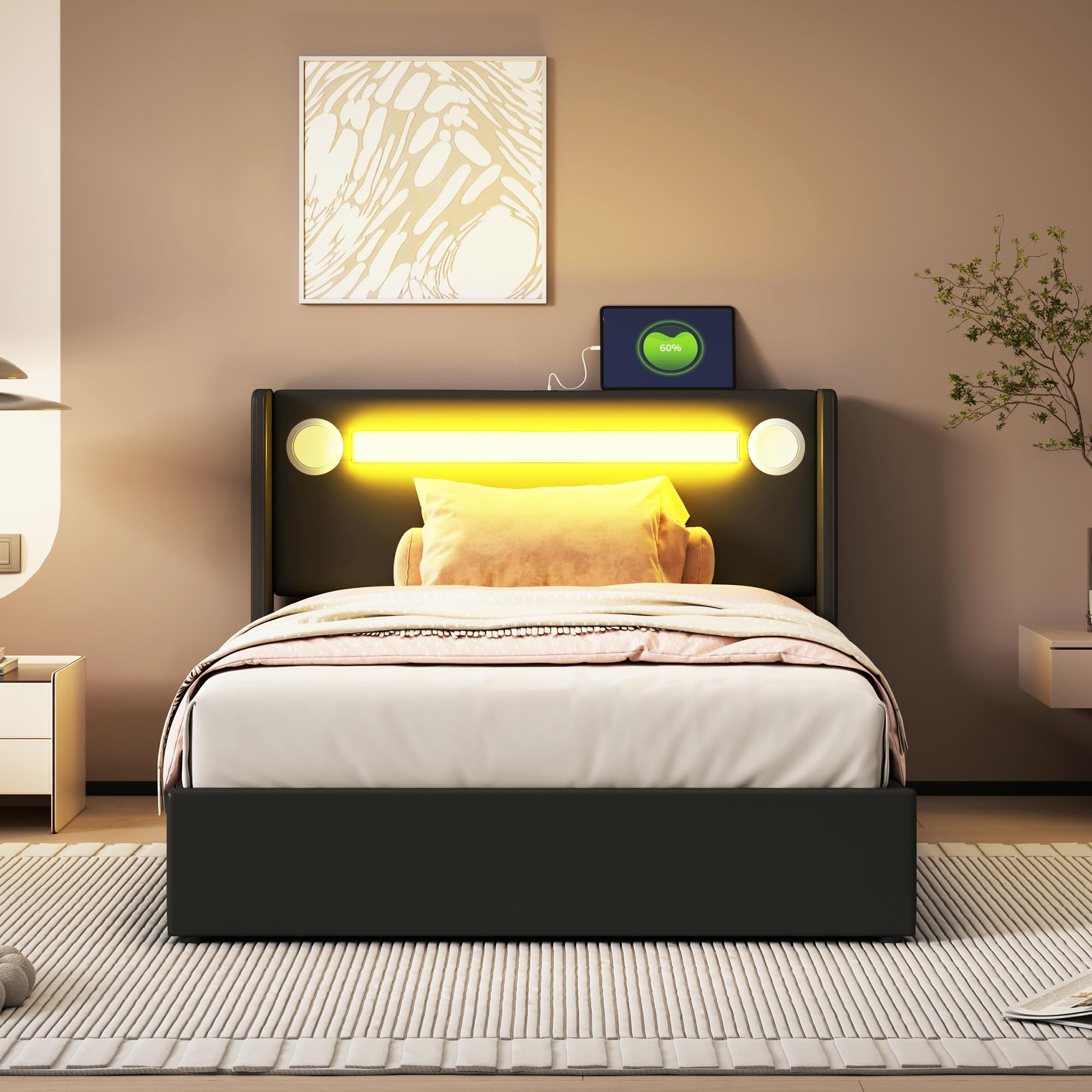 Merax Cama tapizada de 90 x 200 cm con tiras de luz LED, espacio de almacenamiento cama con reproductor Bluetooth y carga USB, para jóvenes, adultos, piel sintética negra (sin colchón)
