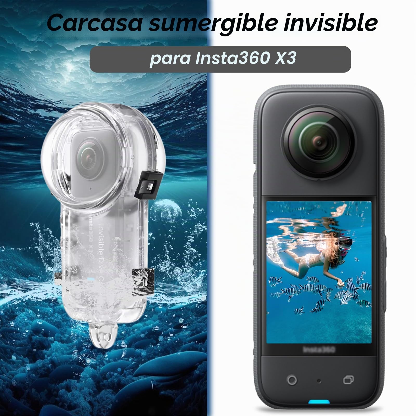 Insta 360 X3 - Funda de buceo invisible, carcasa de prevención de salpicaduras impermeable hasta 50 m (164 pies) para buceo subacuático Insta360 X3 con accesorios de soporte