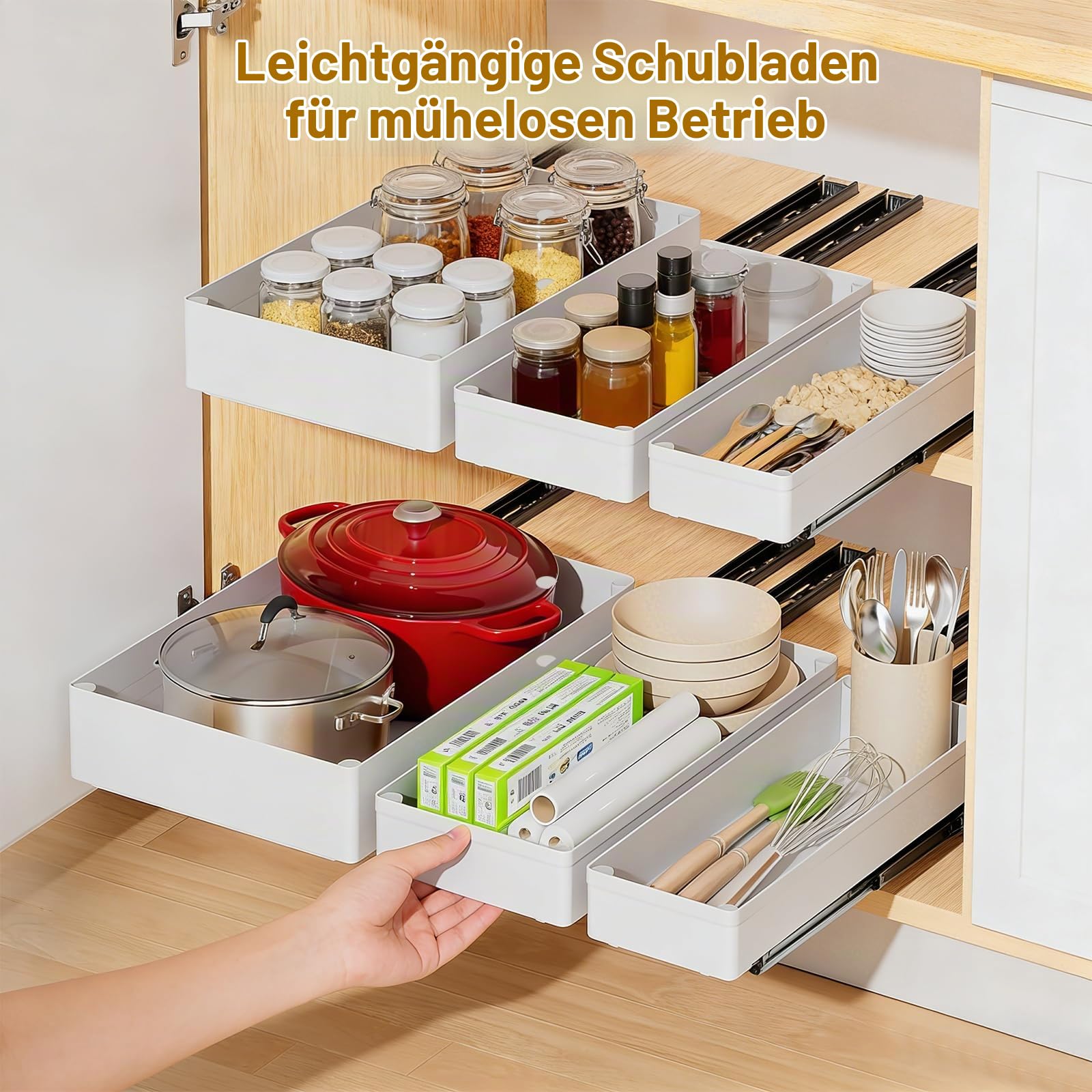 VINATO 4er Set Teleskopschublade, Ausziehbare Schublade für Küche mit 4 Größen, Ausziehbarer Schrankorganizer, Küchenschrank Organizer Ausziehbar mit Klebeband & Schrauben, für Küche, Vorratskammer
