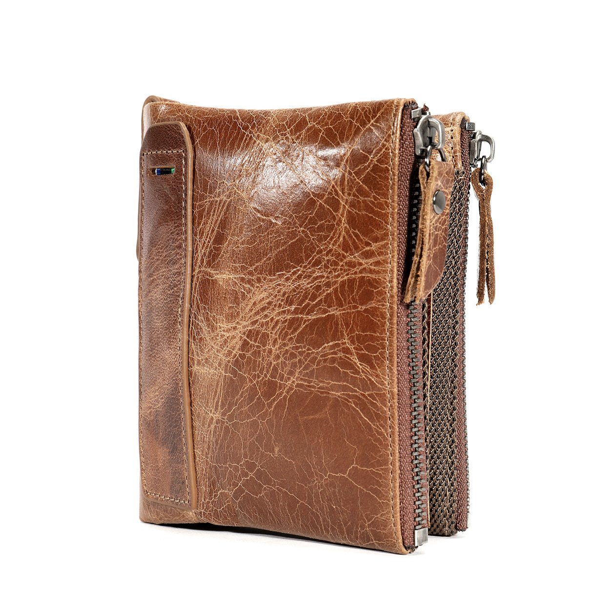 Mens Vintage Genuine Leather Minimalist Front Pocket Bifold Wallet With Zipper Coin Pockets Brown