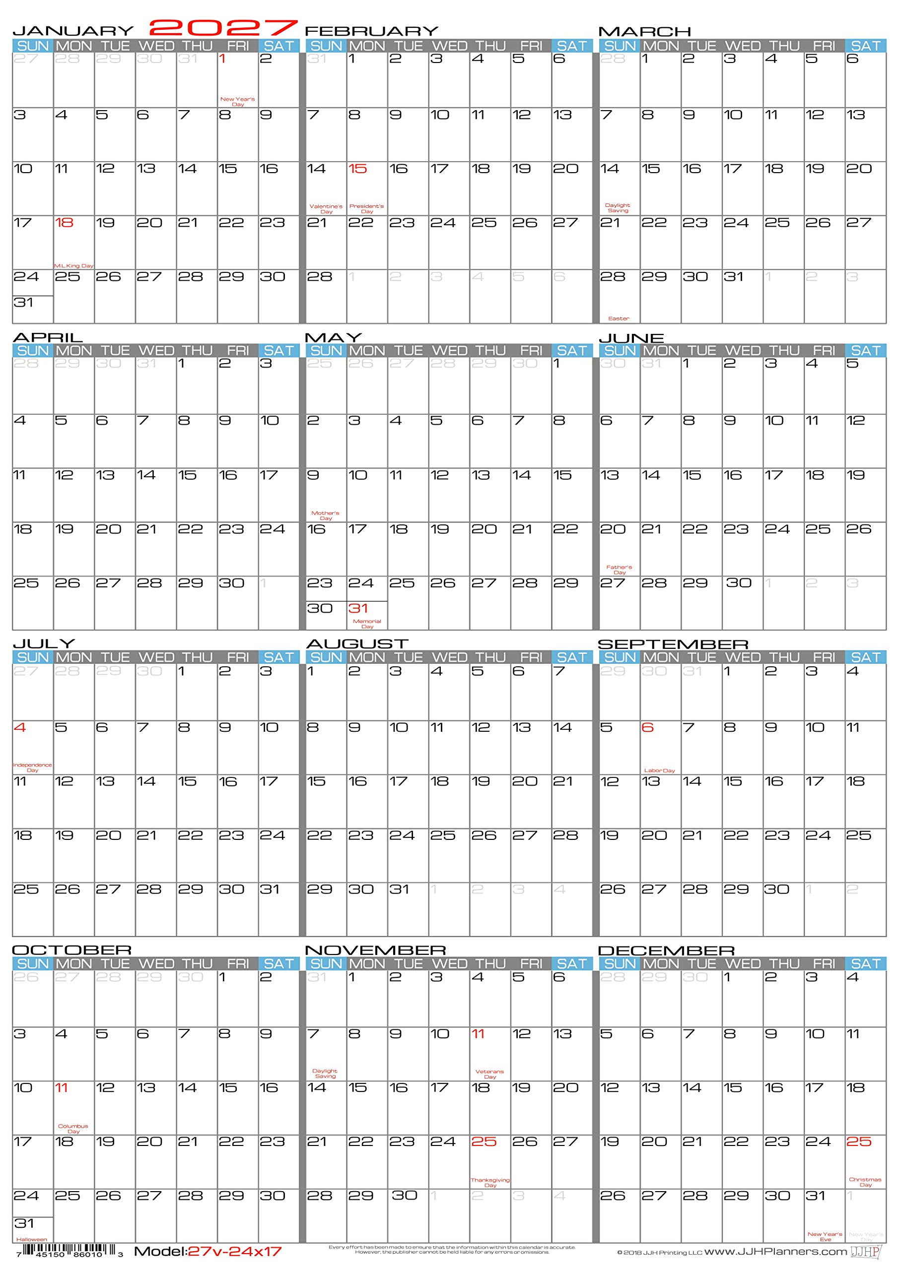 JJH Planners - Laminated - 24" X 17" Medium 2027 Erasable Wall Calendar - Vertical 12 Month Yearly Annual Planner (27v-24x17)