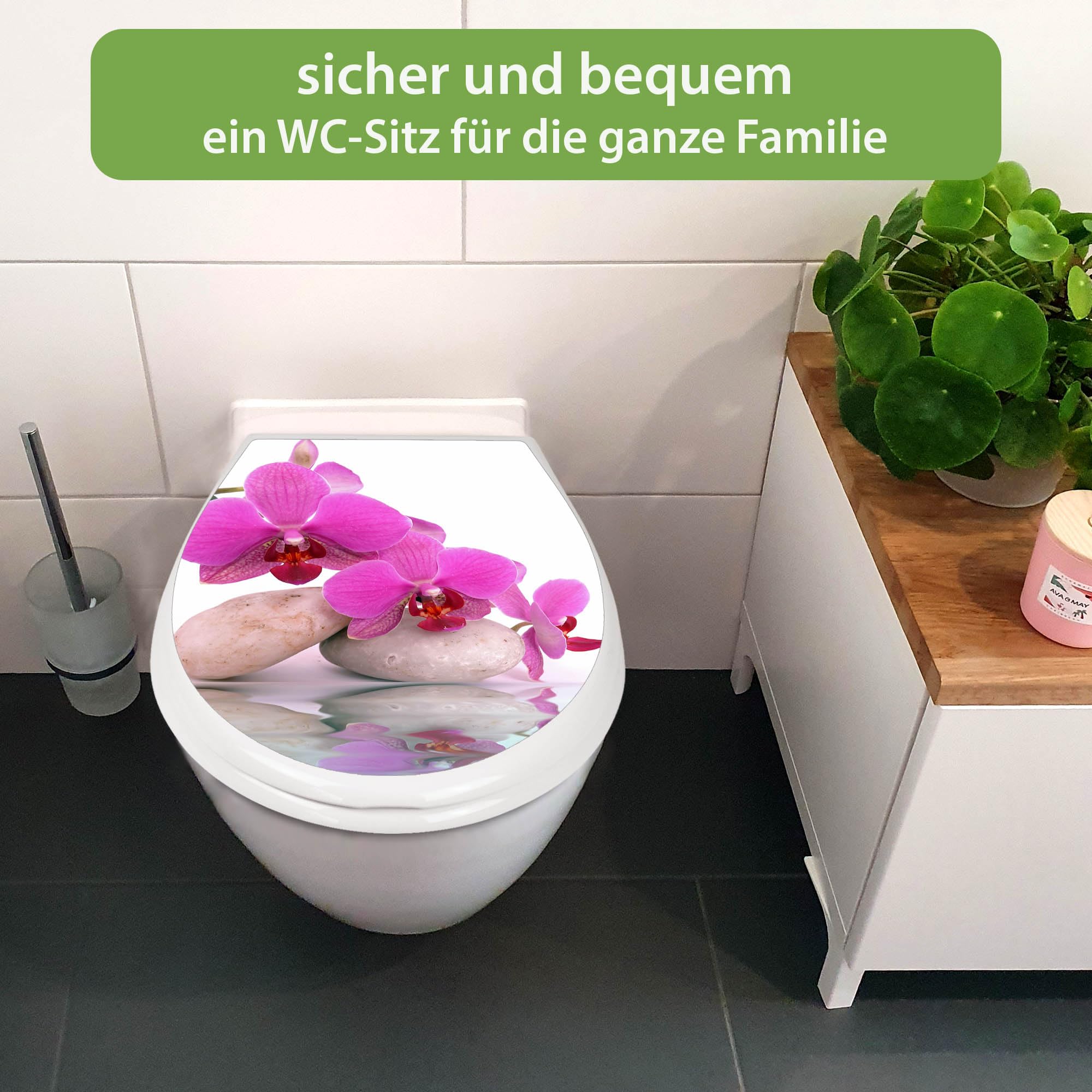 banjado Familien WC Sitz mit Absenkautomatik 44,9x37,1cm - Klobrille mit Kindersitz aus hochwertigem Polypropylen - Toilettendeckel mit Kinder Toilettensitz integriert - Motiv Orchidee