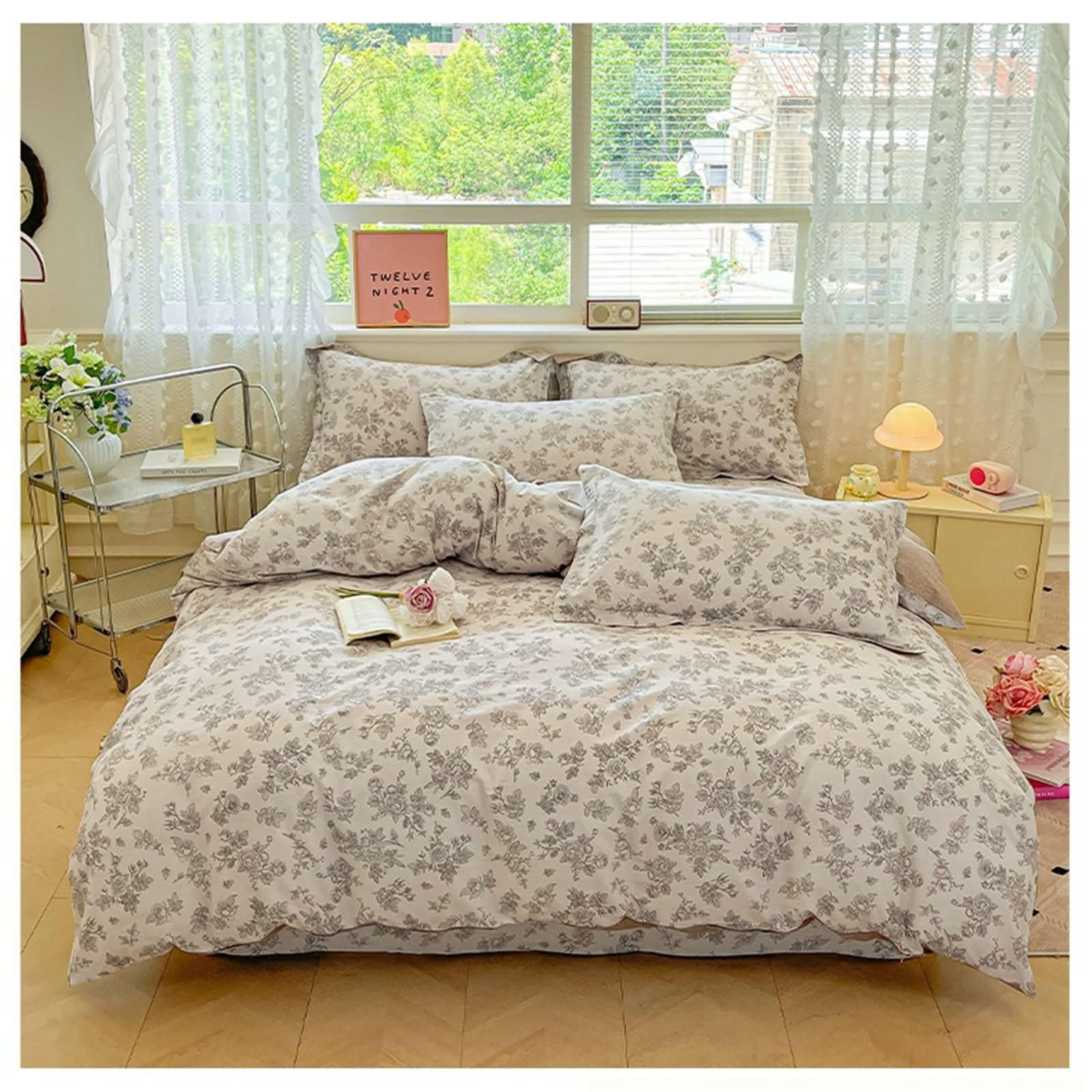 3-częściowy zestaw pościeli, poszwa na kołdrę 160 x 210 cm, prześcieradło 160 x 230 cm i 1 poszewka na poduszkę, wzór kwiatowy, miękka bawełna, beżowo-szaro-brązowy