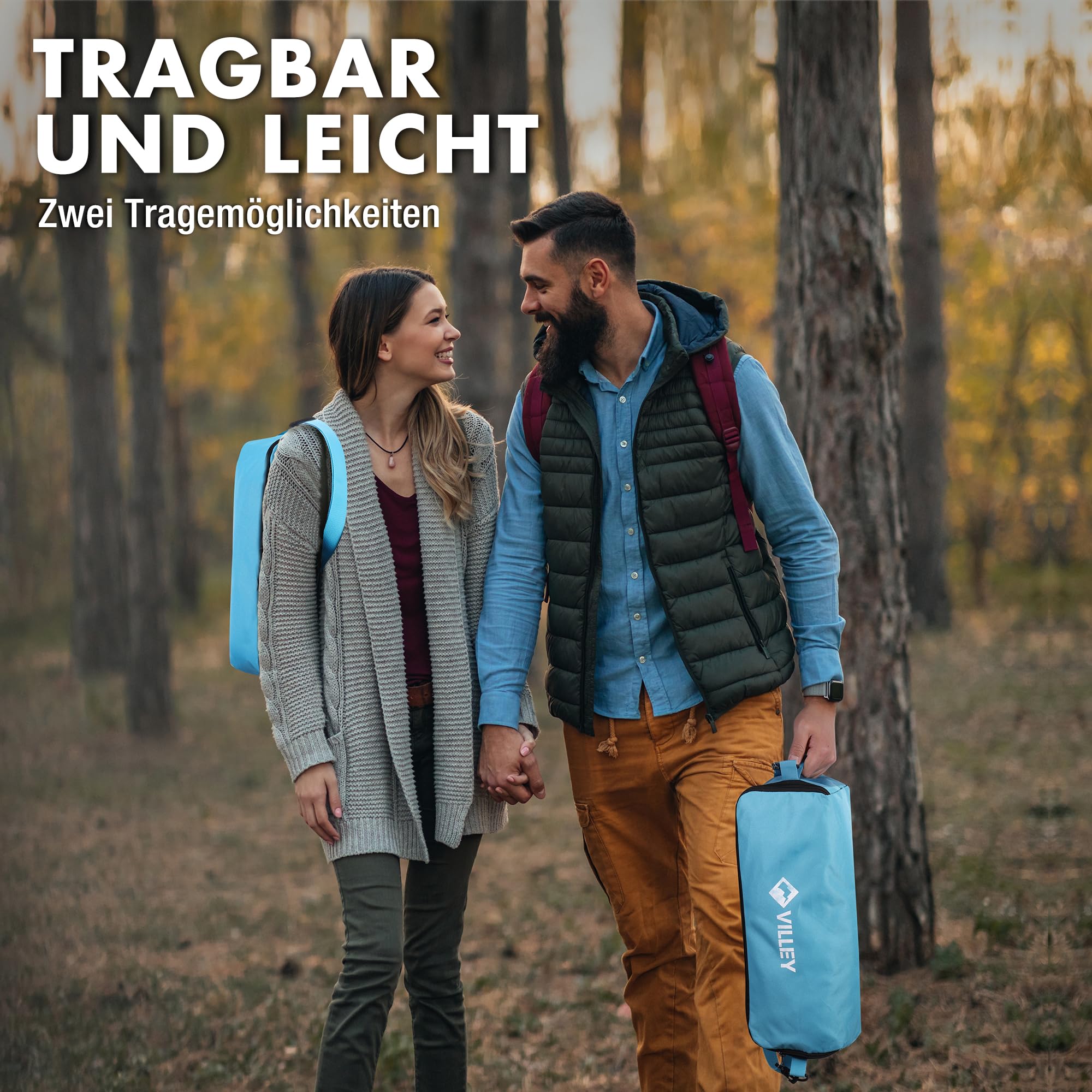 VILLEY Campingstuhl Faltbar und Tragbar Blau, Faltstuhl Camping mit Aluminiumrahmen und Belastbarem & Atmungsaktiverem Stoff, 150kg Tragfähigkeit Campingstuhl mit Tasche für Outdoor, Angeln | Keine Montage erforderlich, in Sekunden einsatzbereit, 150 kg K