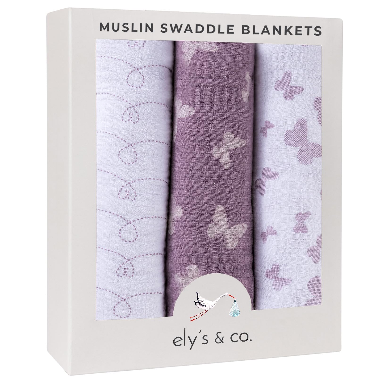 Ely's & Co. Muslin Swaddle Blanket 100% Soft Muslin Cotton 3 Pack 47"x 47" (Lavender Butterfly)
