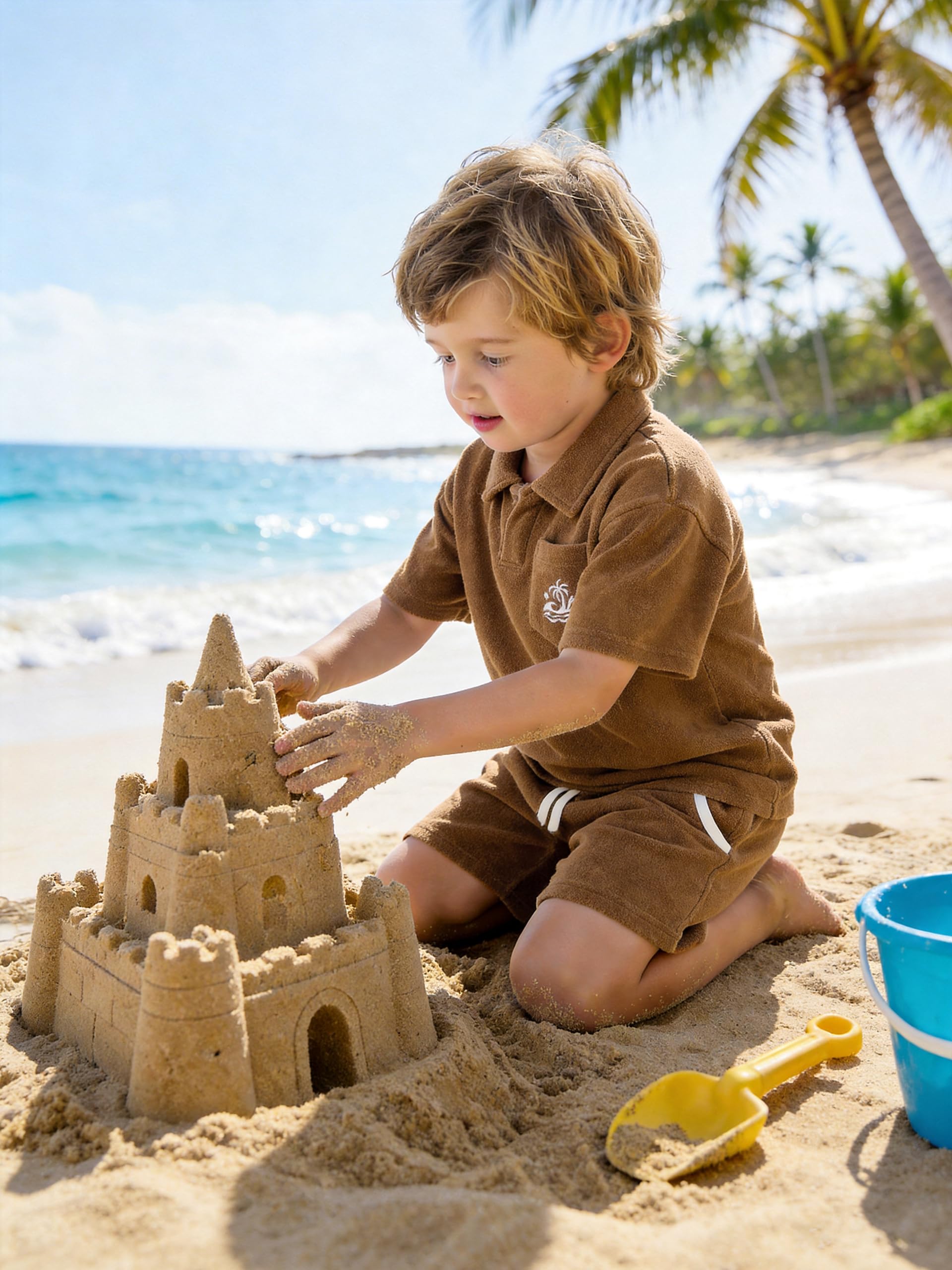 Volunboy Ensemble été Bébé Garçon en Tissu Éponge, Chemise à Col Mouette et Short à Taille Élastique pour Plage et Loisirs
