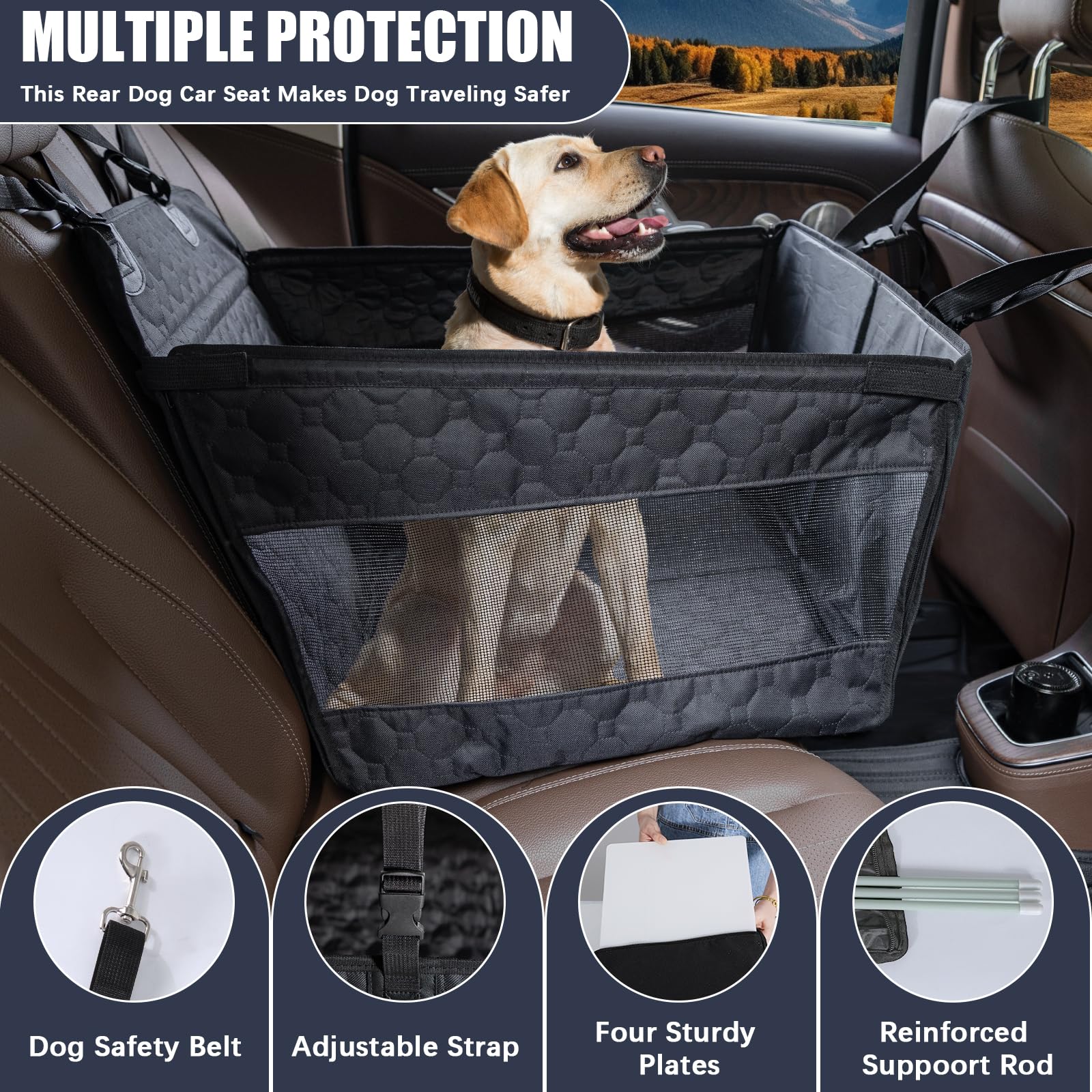 Hundeautositz für große mittelgroße Hunde, Hundeautositzbezug für Rücksitz, Faltbarer Haustierautositz mit Hundesicherheitsgurt, wasserdichter Stoff & atmungsaktives Netzgewebe, Rücksitzbezug für
