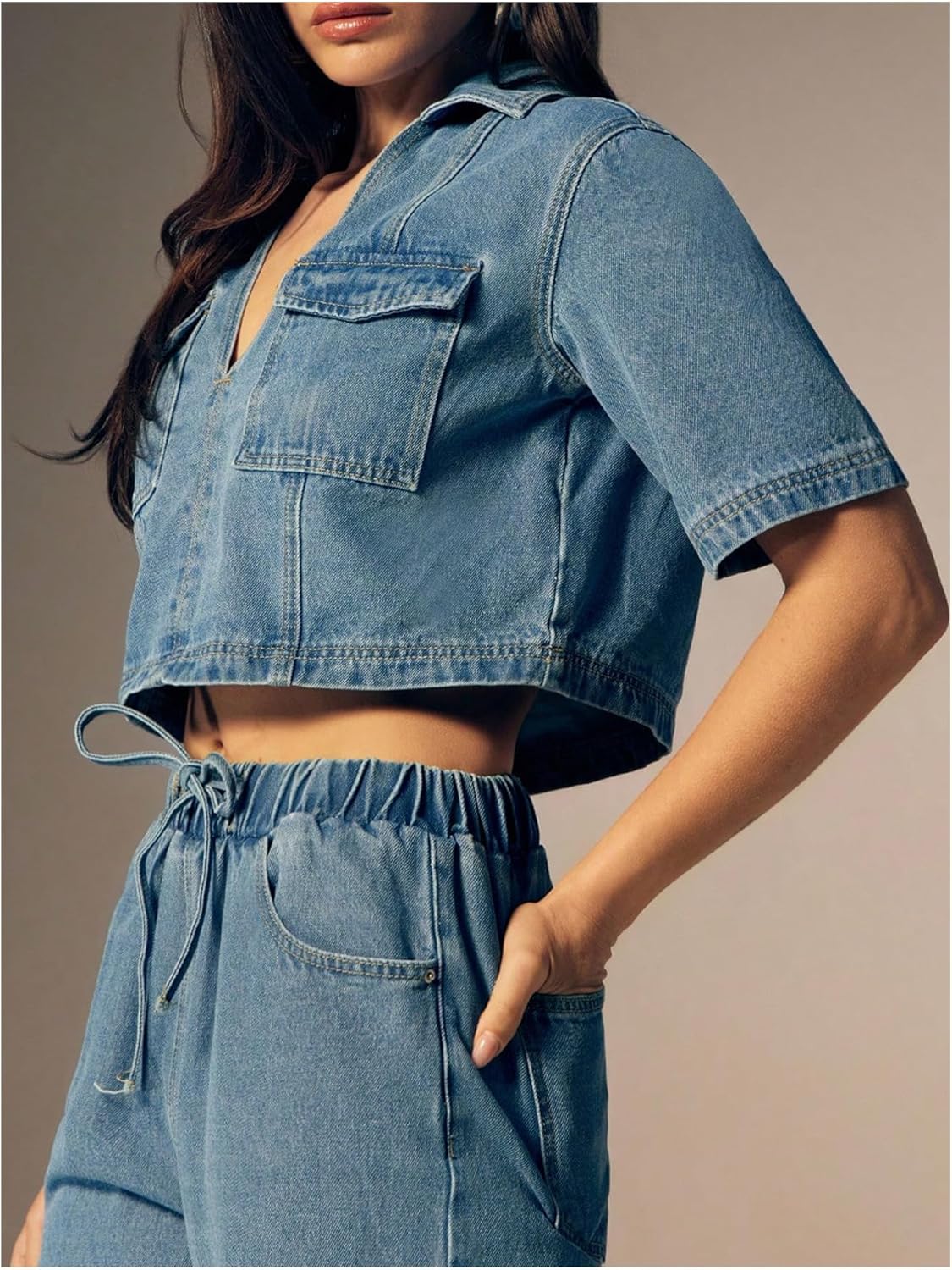 Floerns Women's Collared V Neck Denim Crop Tops Short Sleeve Casual Loose Jean Top - Image 2