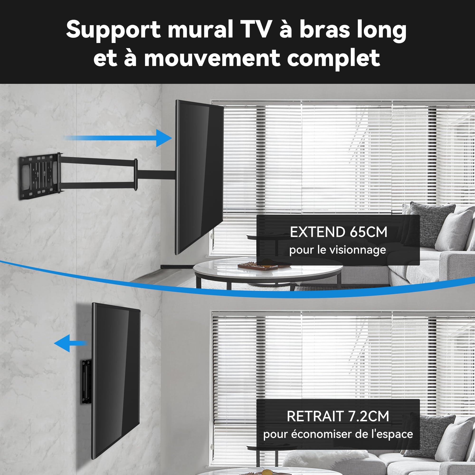FORGING MOUNT Support Mural TV Longue Portée avec Extension de 650mm, Fixation TV Murale Inclinable et Orientable Support TV Mural Pivotant pour Écrans 26-60 Pouces jusqu'à 35kg, Max VESA 400x400mm