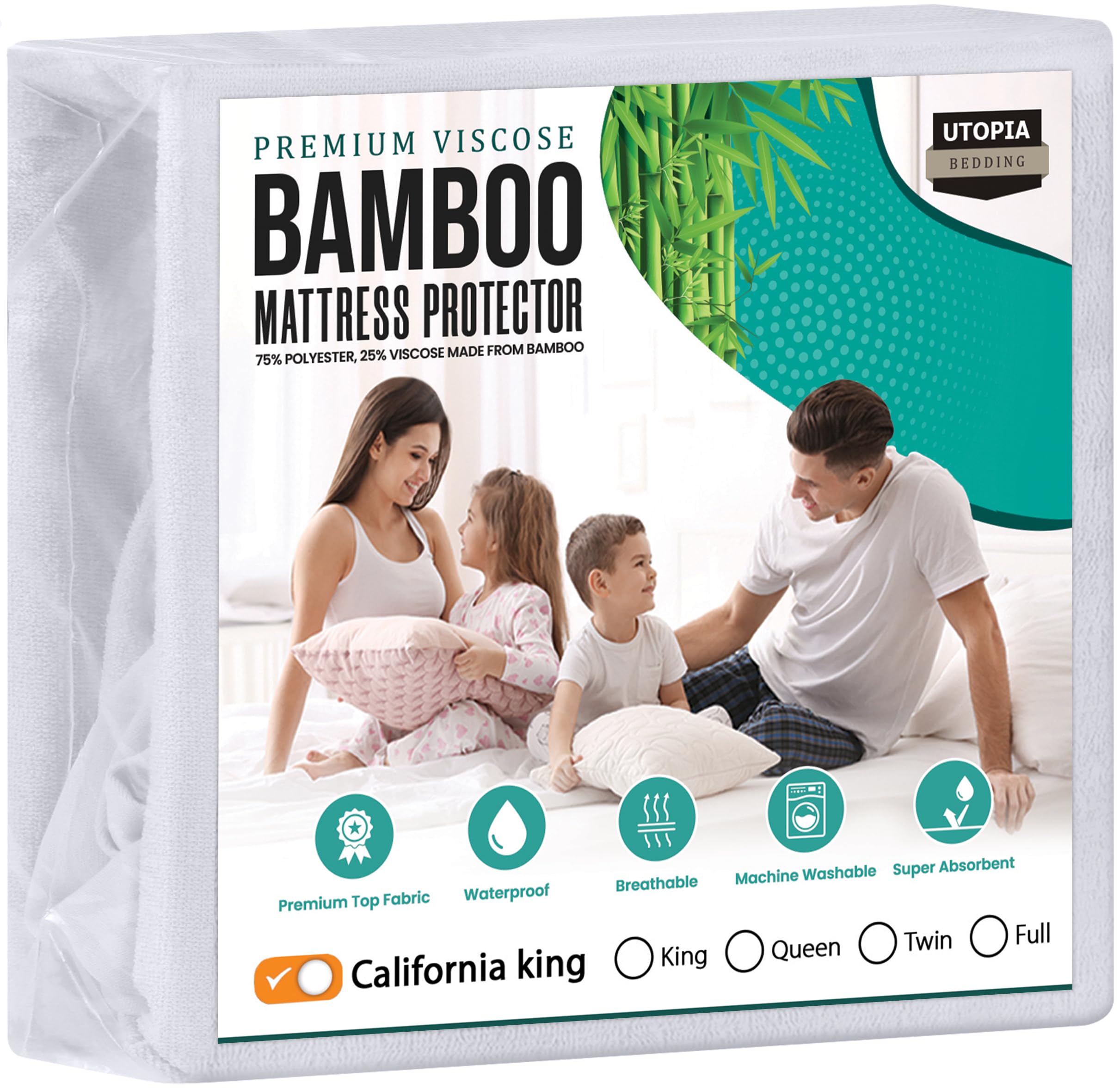 Utopia Bedding Premium Waterproof Mattress Protector California King Size, Viscose Made from Bamboo Mattress Cover, Breathable, Fitted Style with Stretchable Pockets (White)