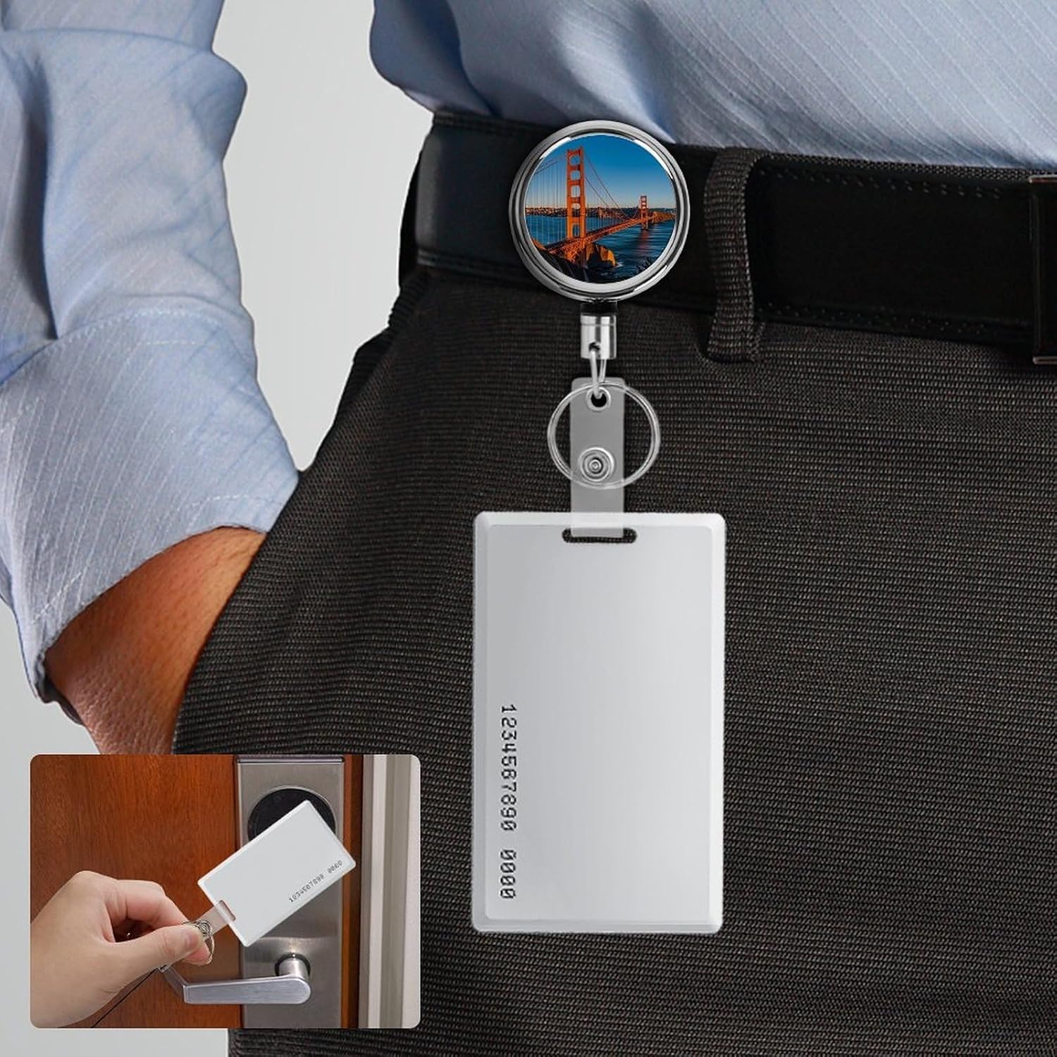 San Francisco Bay Bridge Id Card Badge Holder with Retractable Cord & 360° Swivel Alligator Clip Heavy-Duty Stainless Steel Badge Reel Name Tag Holder for Nurses Office Teacher Security Professionals
