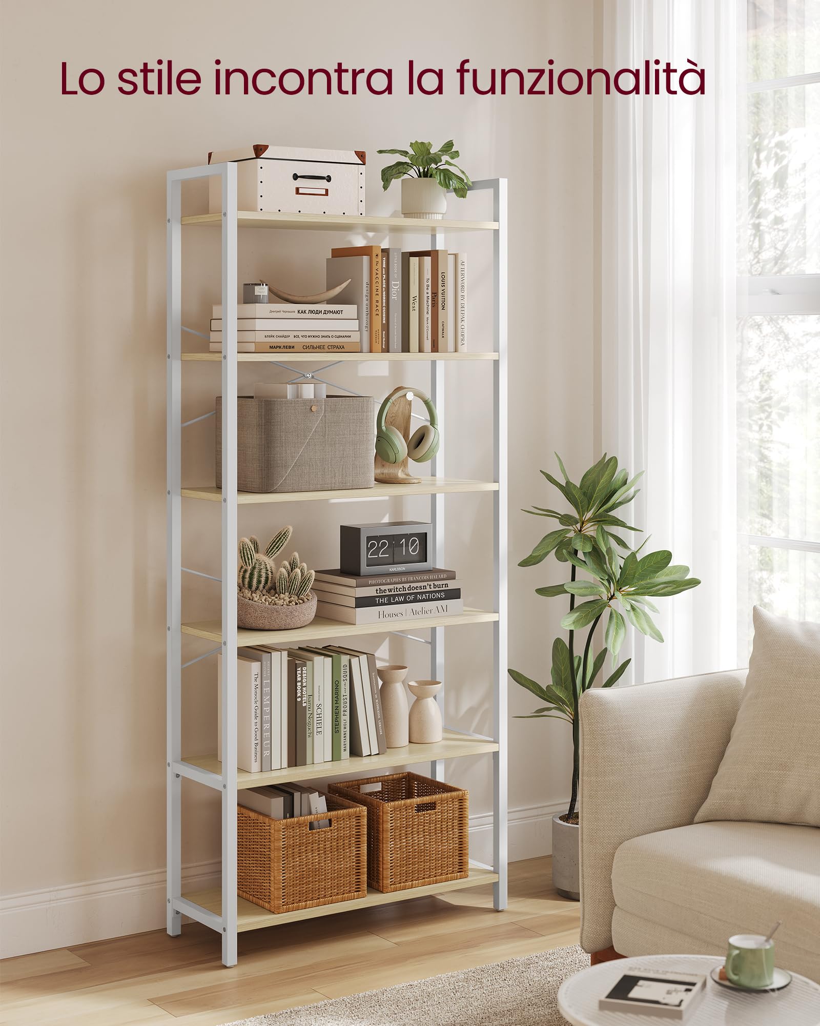 VASAGLE Scaffale a 6 Ripiani, Libreria per Ufficio, Studio, Soggiorno, Camera da Letto, Stile Industriale, 30 x 64 x 185,5 cm, Beige Naturale e Bianco Opaco LLS062LL01