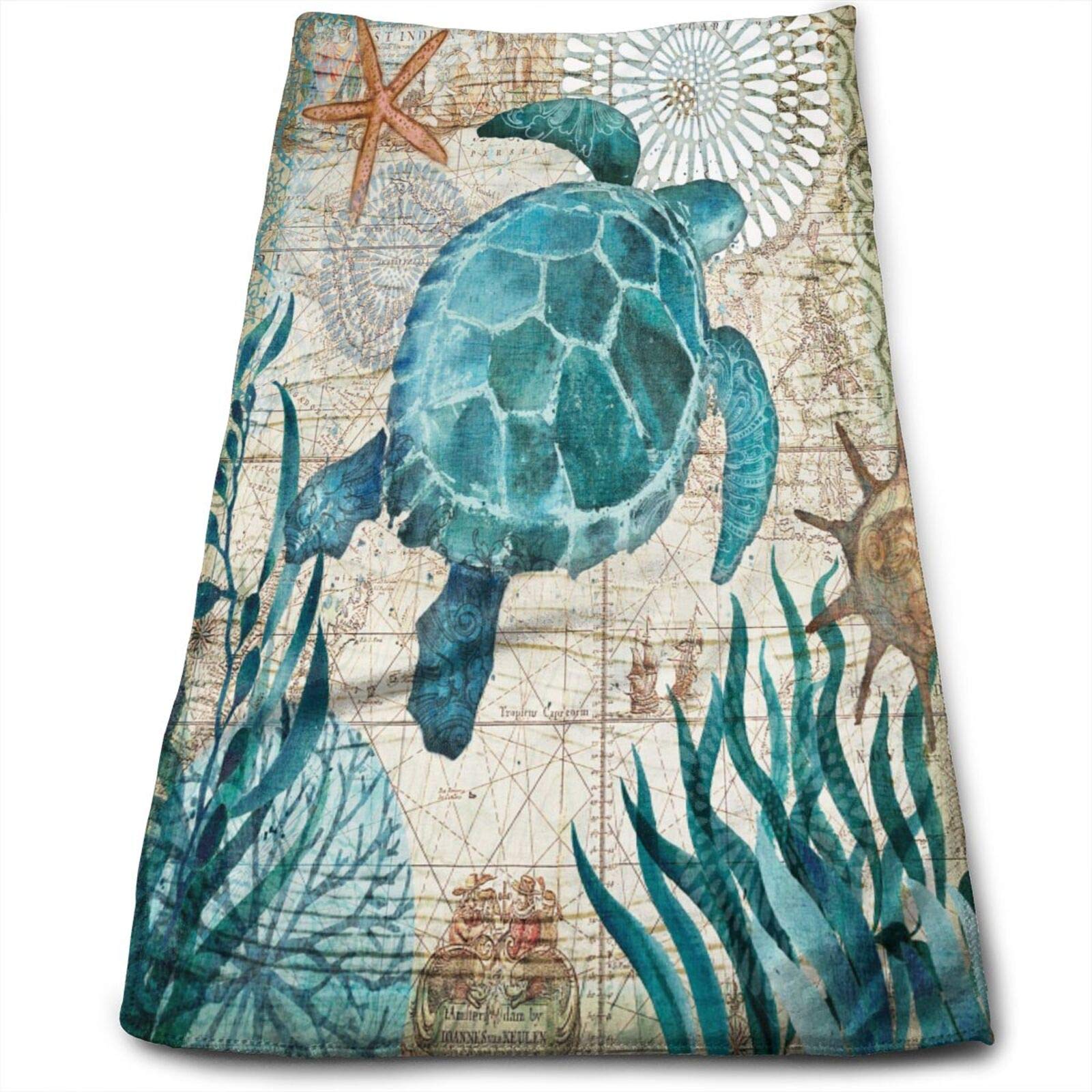 MSGUIDE Vintage Ocean Sea Turtle Starfish Map Hand Towels for Bathroom Clearance Decor Face Towels Microfiber Towels Soft Fingertip Towel for Gym Yoga Spa Pool Sport Hotel