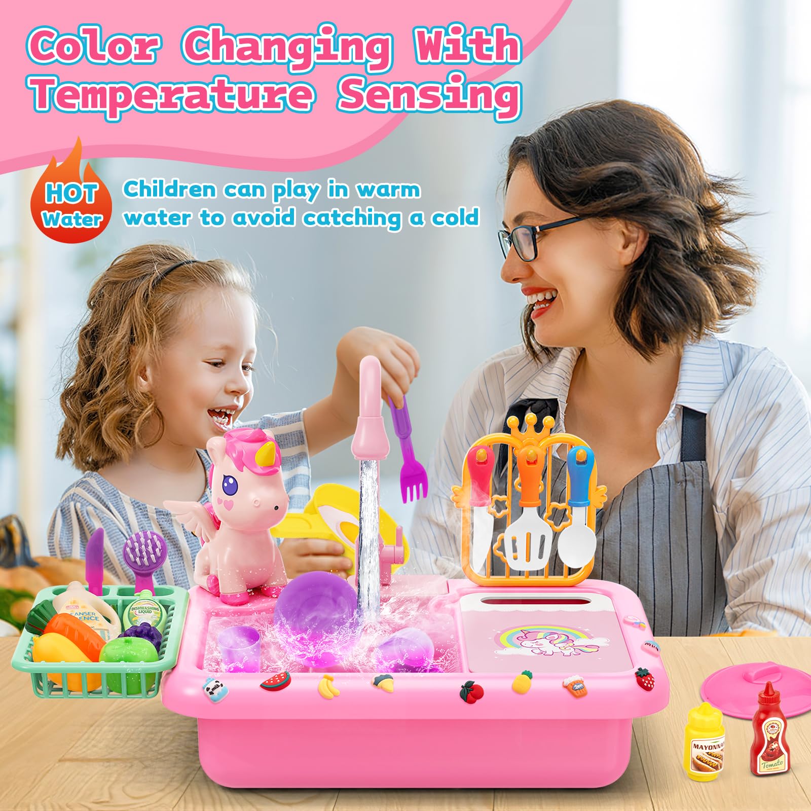 DeAO Évier Cuisine Jouet Enfant Avec Eau Courante Électrique - Kit Rose Complet Avec Accessoires