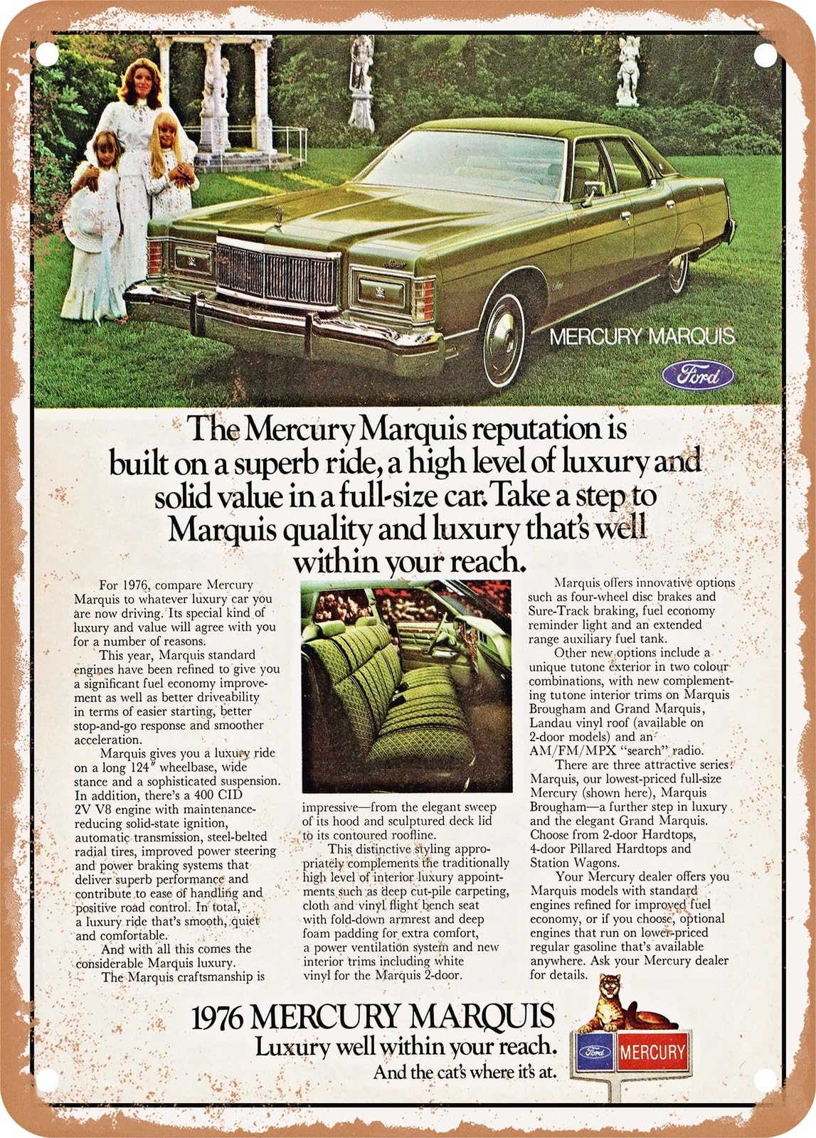 Miaomansenstore Metal Sign - 1976 Mercury Marquis 4 Door Pillared Hardtop Us Ad Vintage Ad Home Decor