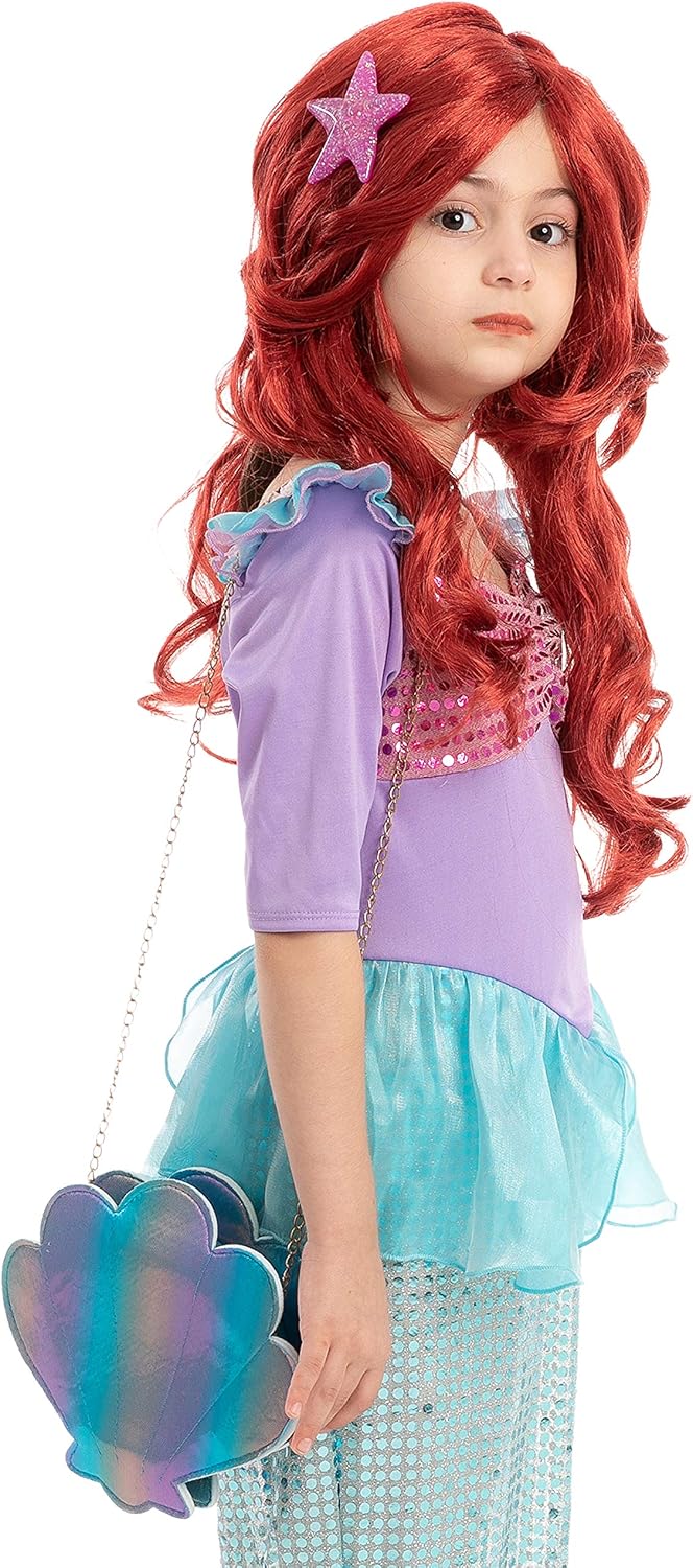 Spooktacular Creations Halloween Girls Mermaid Wig, Red Long Curly Wig with Star Barrett and Shell Purse for Kids Mermaid Costume Halloween Cosplay Party Accessories