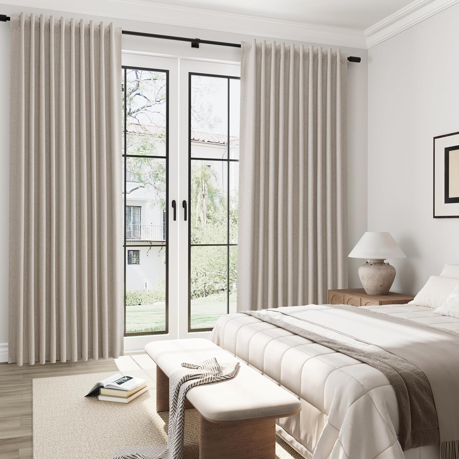 Guken Oatmeal Linen Curtains Blackout 108 Inches Long 2 Panels Nature Extra Long Light Blocking Black Out Thermal Insulated Privacy Heavy Curtain with Hooks for Living Room Sliding Door 52x108 9FT