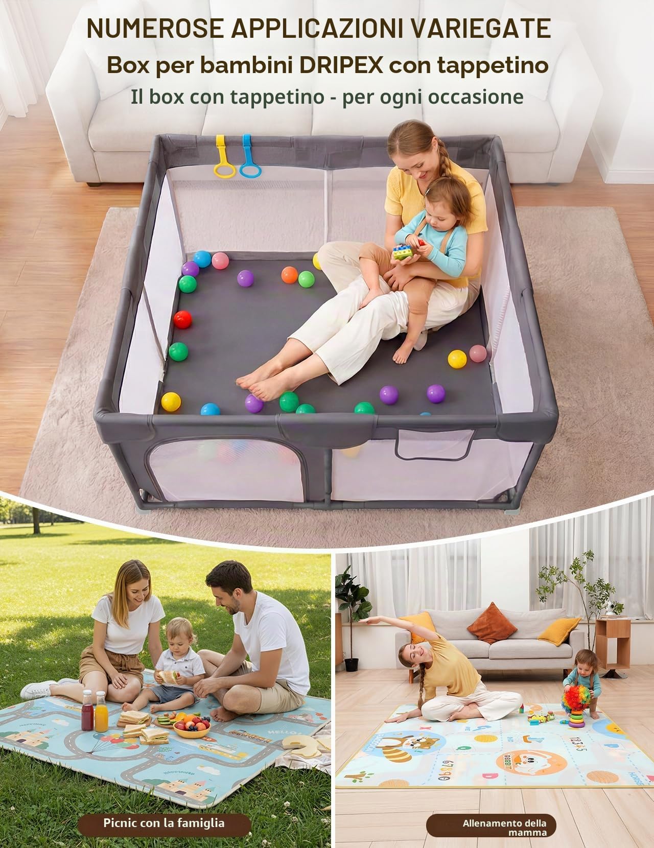 Dripex Box per Bambini Recinto Neonato - Small - Antracite | 124 x 124 cm box per bambini con tappetino, tessuto Oxford 210D, 2 anelli da gioco, palline a tema oceano.