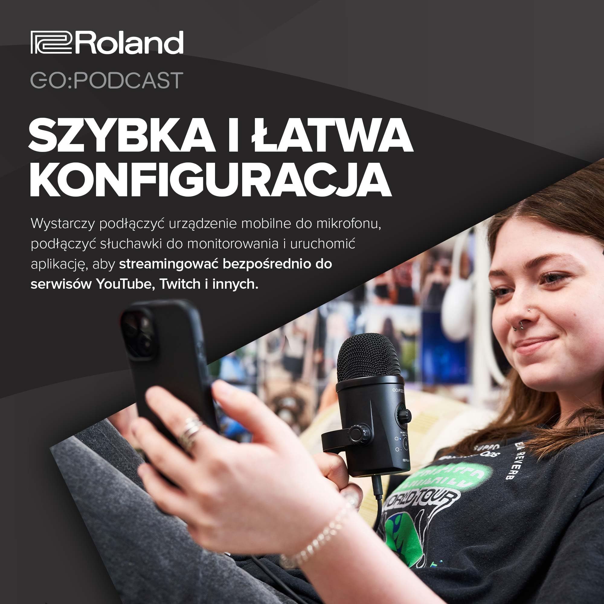 Roland GO:PODCAST Video Podcasting Studio dla Smartfonów | Łatwy w Użyciu System Transmisji na Żywo dla Podcasterów, Vlogerów i nie Tylko | Intuicyjna Aplikacja Wideo | Wysokiej Jakości Mikrofon USB