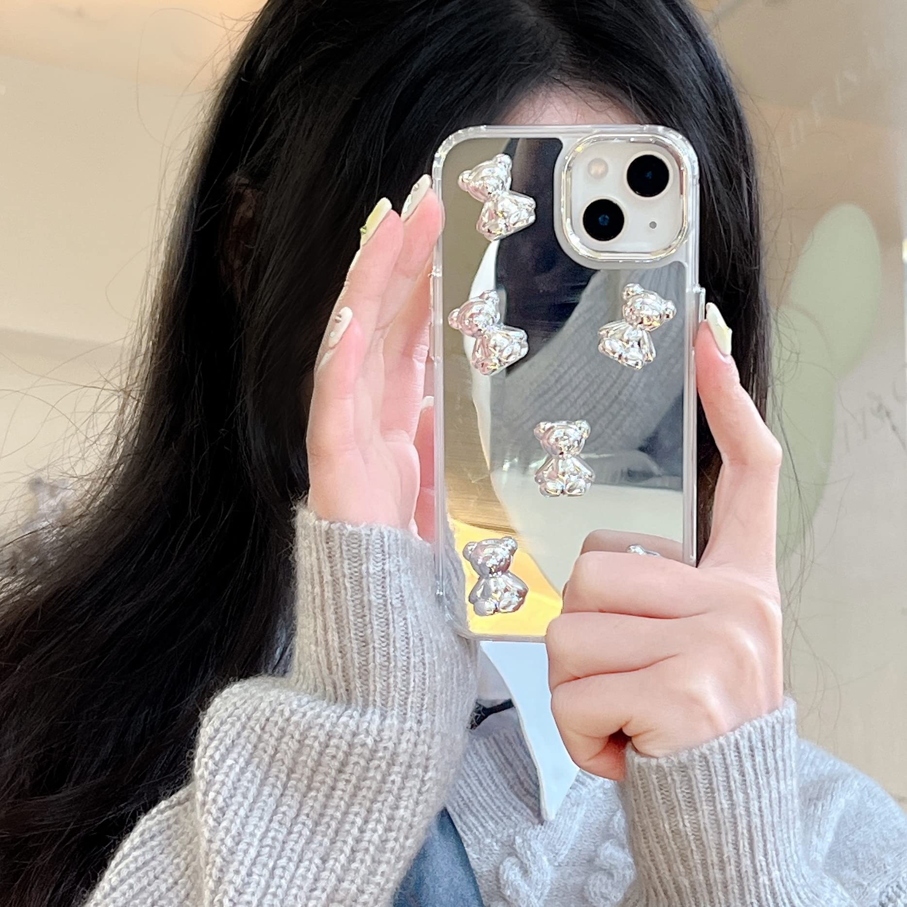 XIQI Compatible with iPhone 13 Pro Max Case 6.7 Inch,Mirror Design and Cute 3D Bear Full Protective Anti-Slip Scratch Resistant Slim Soft Shockproof Cover for Women Girls-Bear