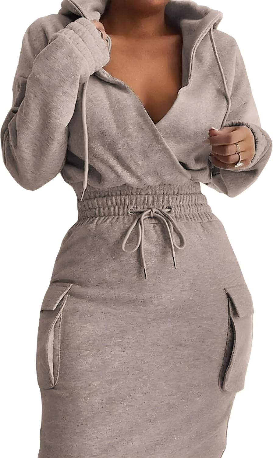 BIRW Hoodie Dress for Women 2026 Slim Casual Long Sleeve High Waist Drawstring Pullover Bodycon Sweatshirt Dresses