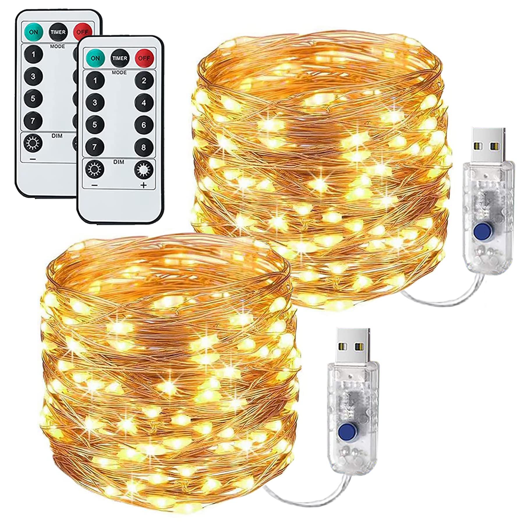 Lezonic Warm Light [2 Pack] Fairy String Lights, 120Led 12M/40Ft 8 Modes Usb Plug In Powered Copper Lights Waterproof For Outdoor/Indoor With Remote Timer Bedroom, Party, Wedding, Christmas(Warm White)