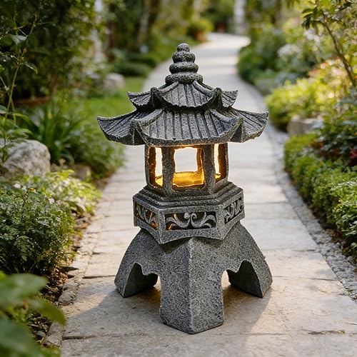 Solar Pagoda Lantern Garden Statue: Japanese Zen Lantern Garden Decor-LED