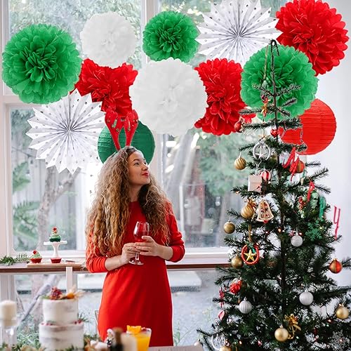 Miniatura 6 de Decoraciones de fiesta de Navidad de color rojo, verde y blanco, 20 linternas de papel italianas mexicanas, pompones de tela, bolas de panal,