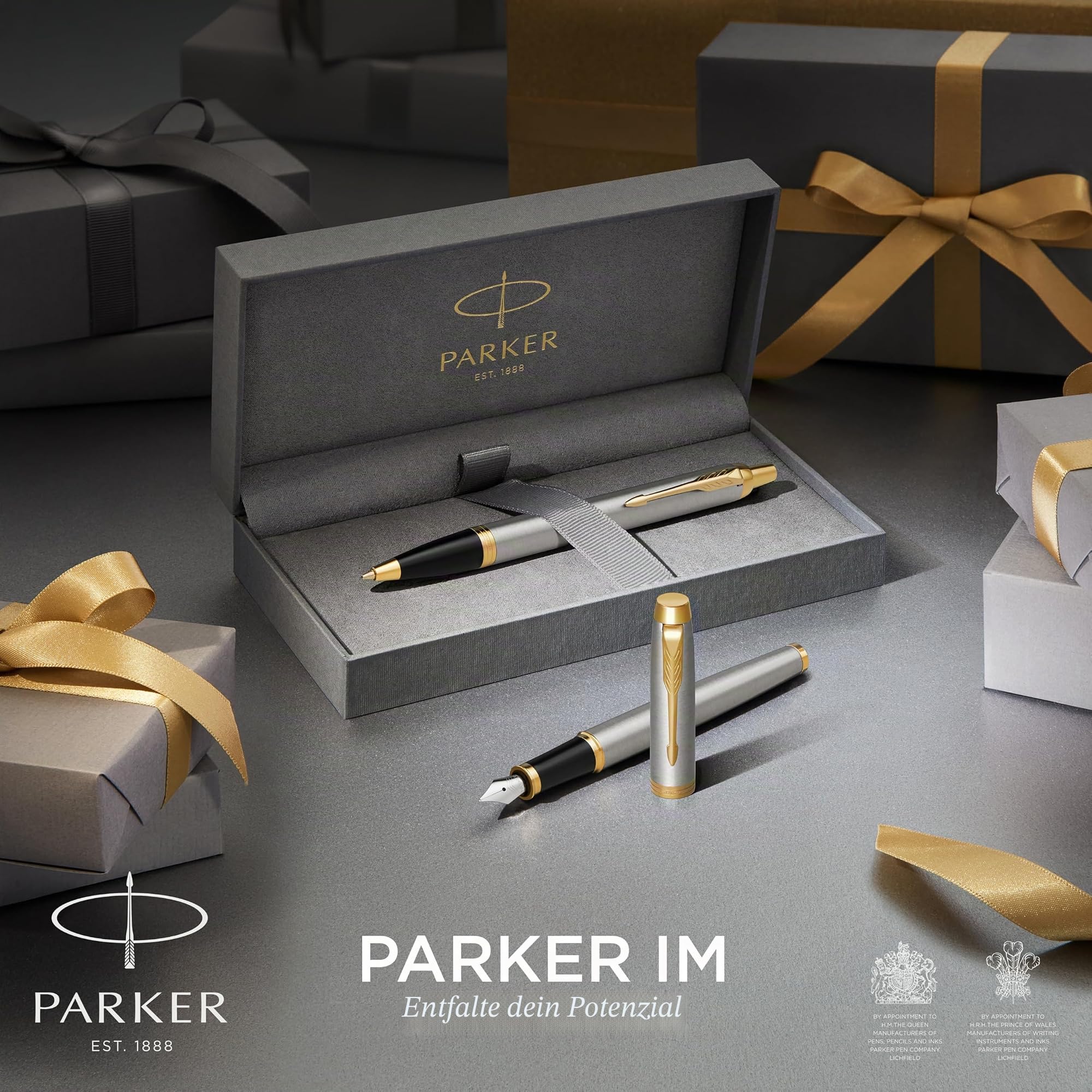 Parker IM Duo-Geschenkset mit Kugelschreiber & Tintenroller | Brushed Metal mit Goldzierteilen | Nachfüllen schwarz | Geschenkbox