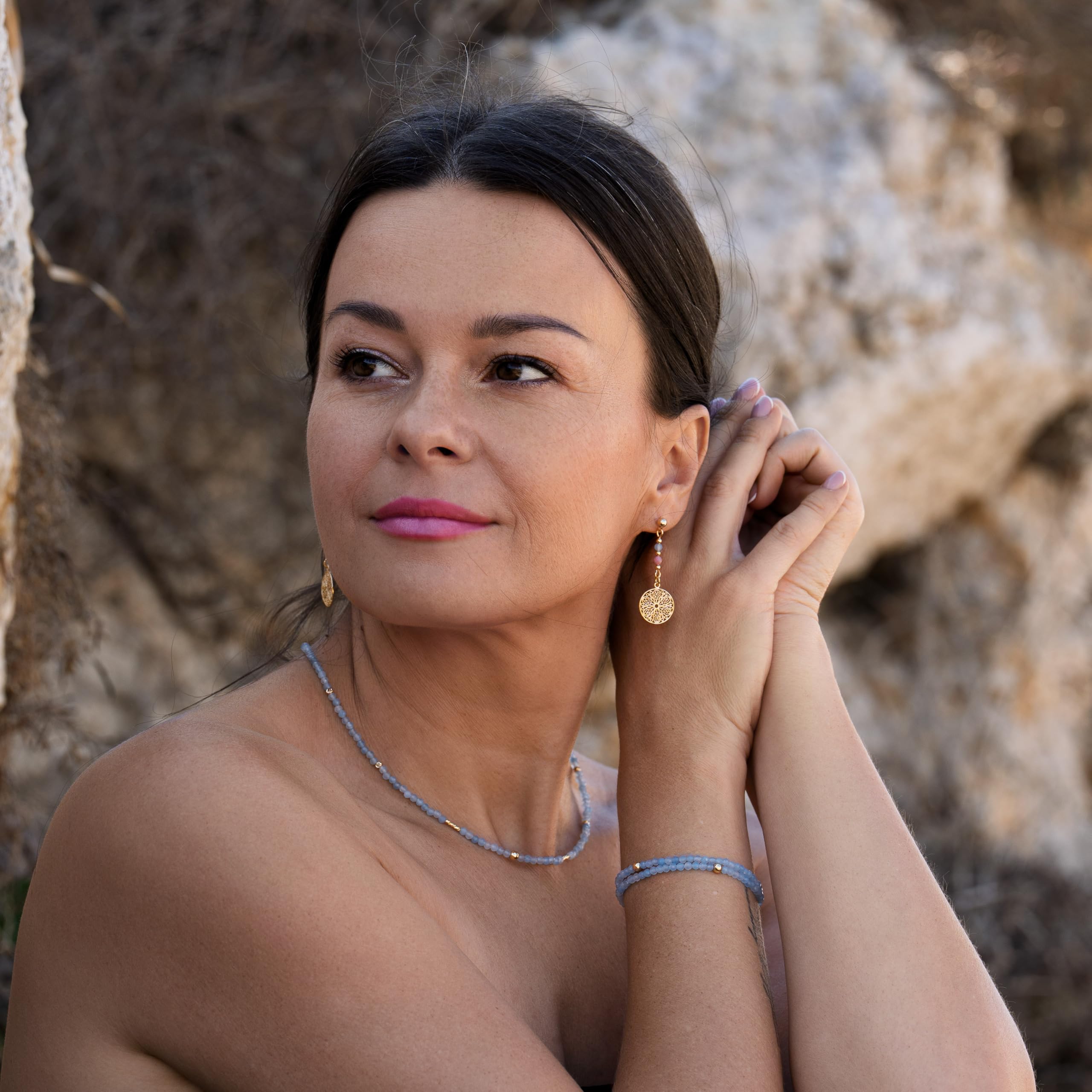 Akwamarin Halskette 3 mm 14K vergoldet echte Steine handgefertigt Damen Edelstein Kette