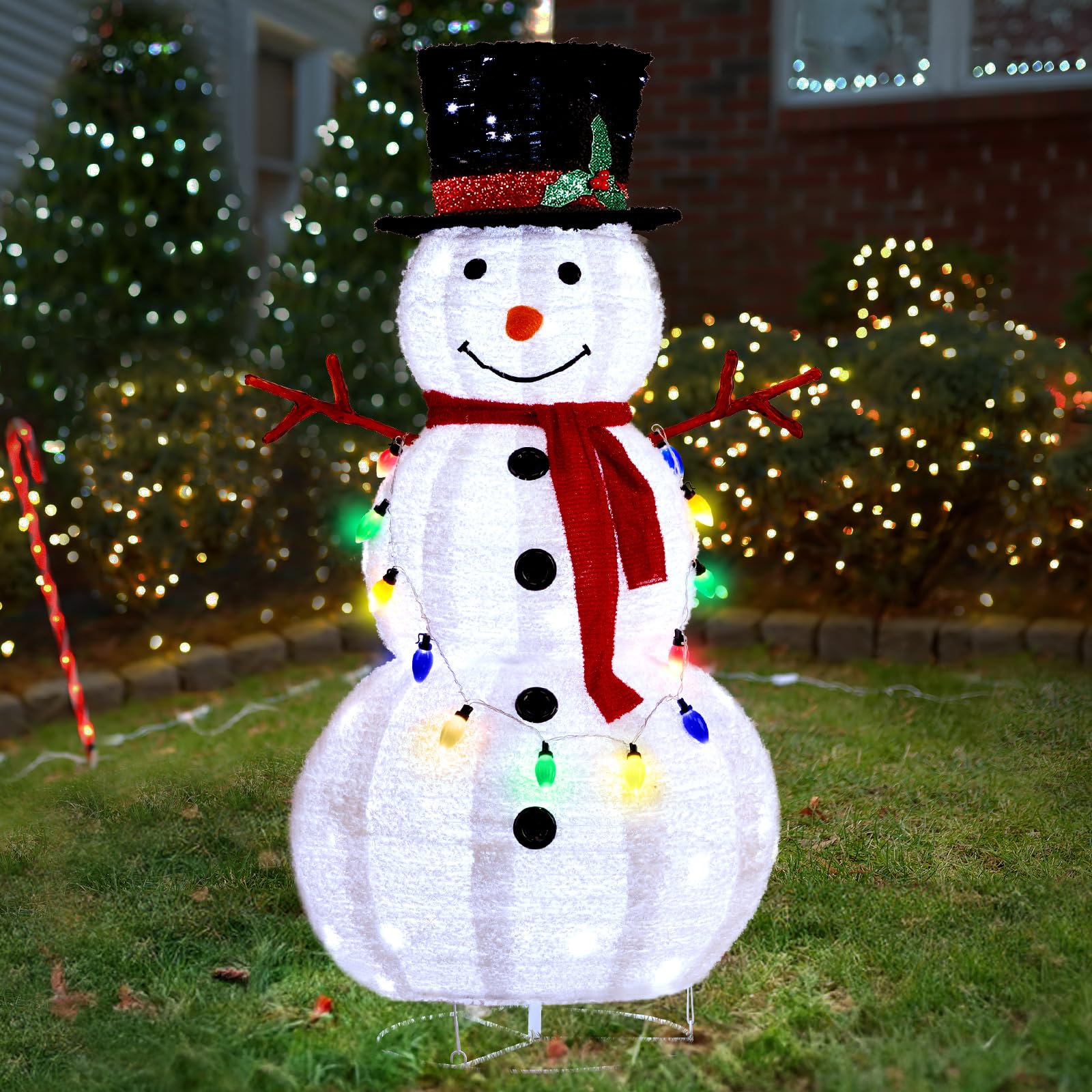 Bonnlo 4ft 20 Colourful Bubble Snowman with 100 LED White Lights, Extendable Christmas Decoration with Fleece Texture, 30V 3.6W Safe Power - Perfect for Outdoor/Indoor Festive Decor in the UK