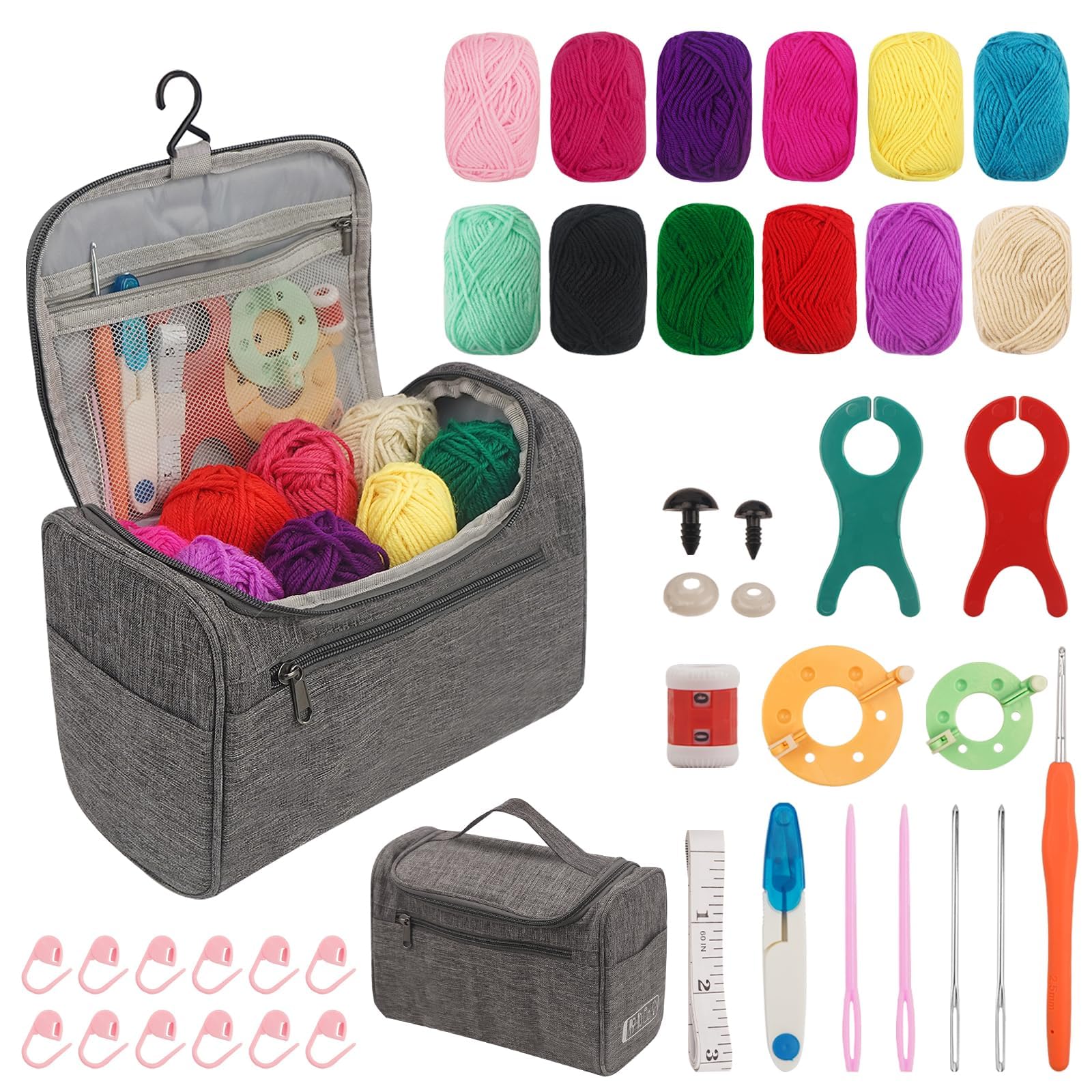 FALSKT Crochet Kits for Beginners Adults Crochet Starter Kit with 12Pcs x 25g Acrylic Yarn and Ergonomic Metal Crochet Hooks Knitting Accessories Complete Beginners Crochet Kit - Grey
