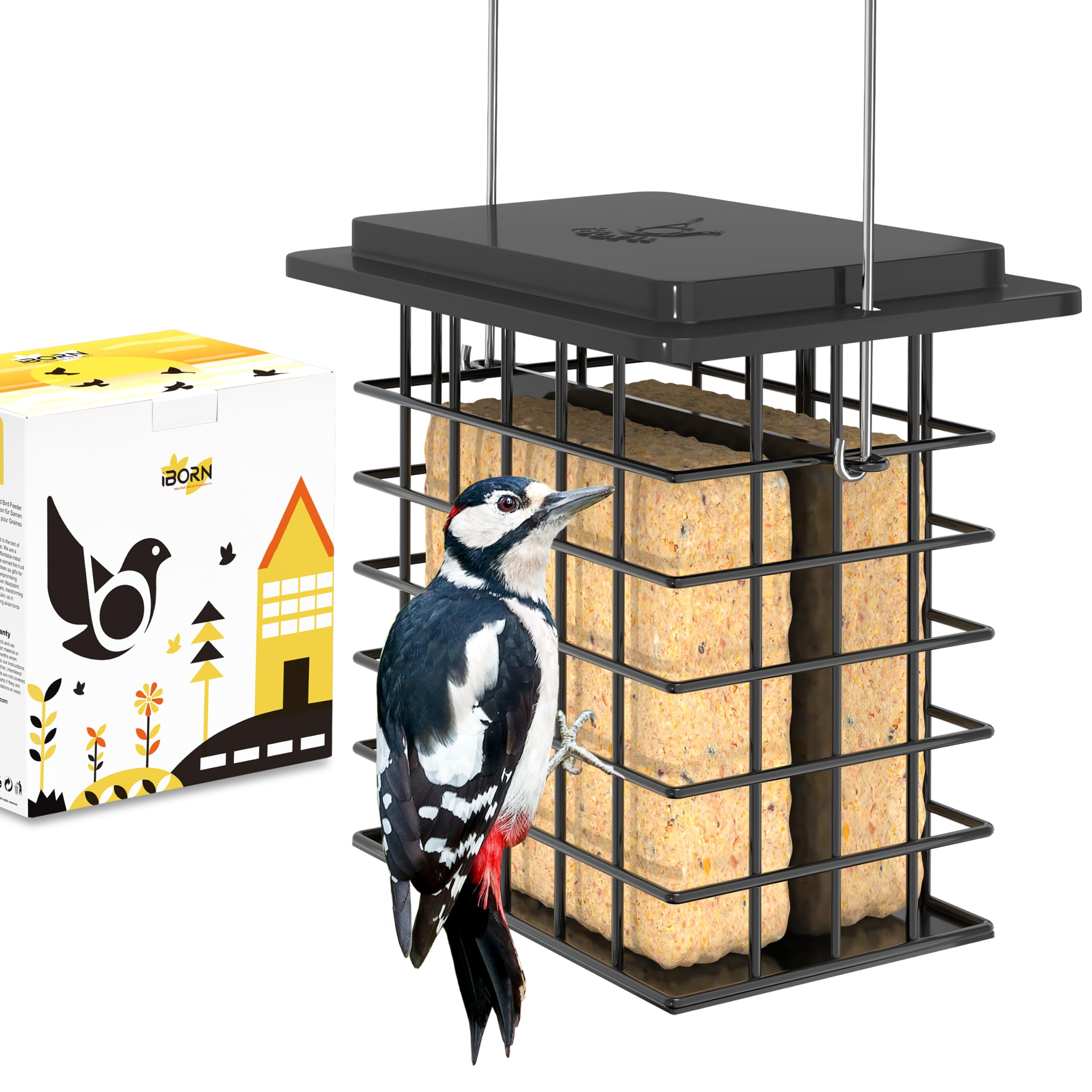 iBorn Double Suet Feeder for Outside Hanging,Weatherproof Suet Feeders,Suet Holder with Taller Grid for Woodpecker, Suet Cage Bird Feeders for Outdoors,Easy to Clean & Refill,All Metal, Black — image 1