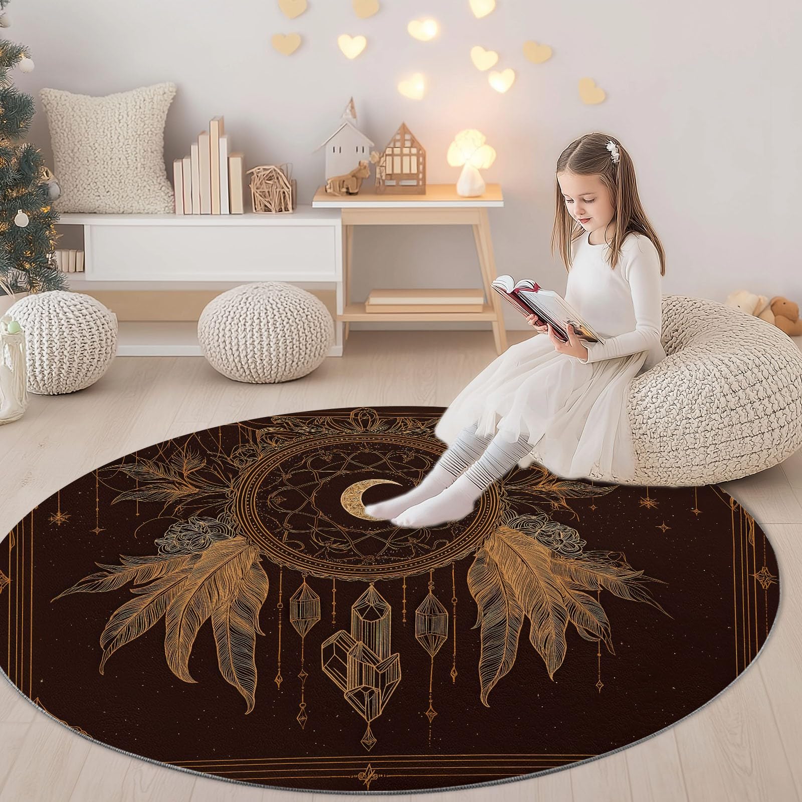 Tapis Salon Rond 150 cm Tapis Rond Cristal Lune Et Attrape-Rêves Dessinés À La Main, Moquette Ronds Lavable Noir - pour Chambre et Salle à Manger Doux Antidérapant Anti-peluche Runner de Couloir