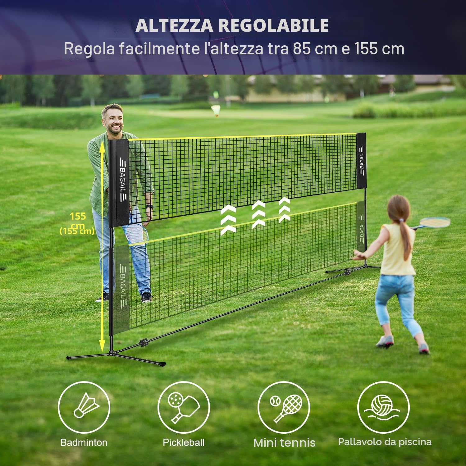 BAGAIL Badminton Net, Rete di Nylon Pieghevole, Supporto regolabile Hieght e Borsa da trasporto portatile, Facile da montare o smontare, Ideale rete sportiva ricreativa per tennis, Badminton.