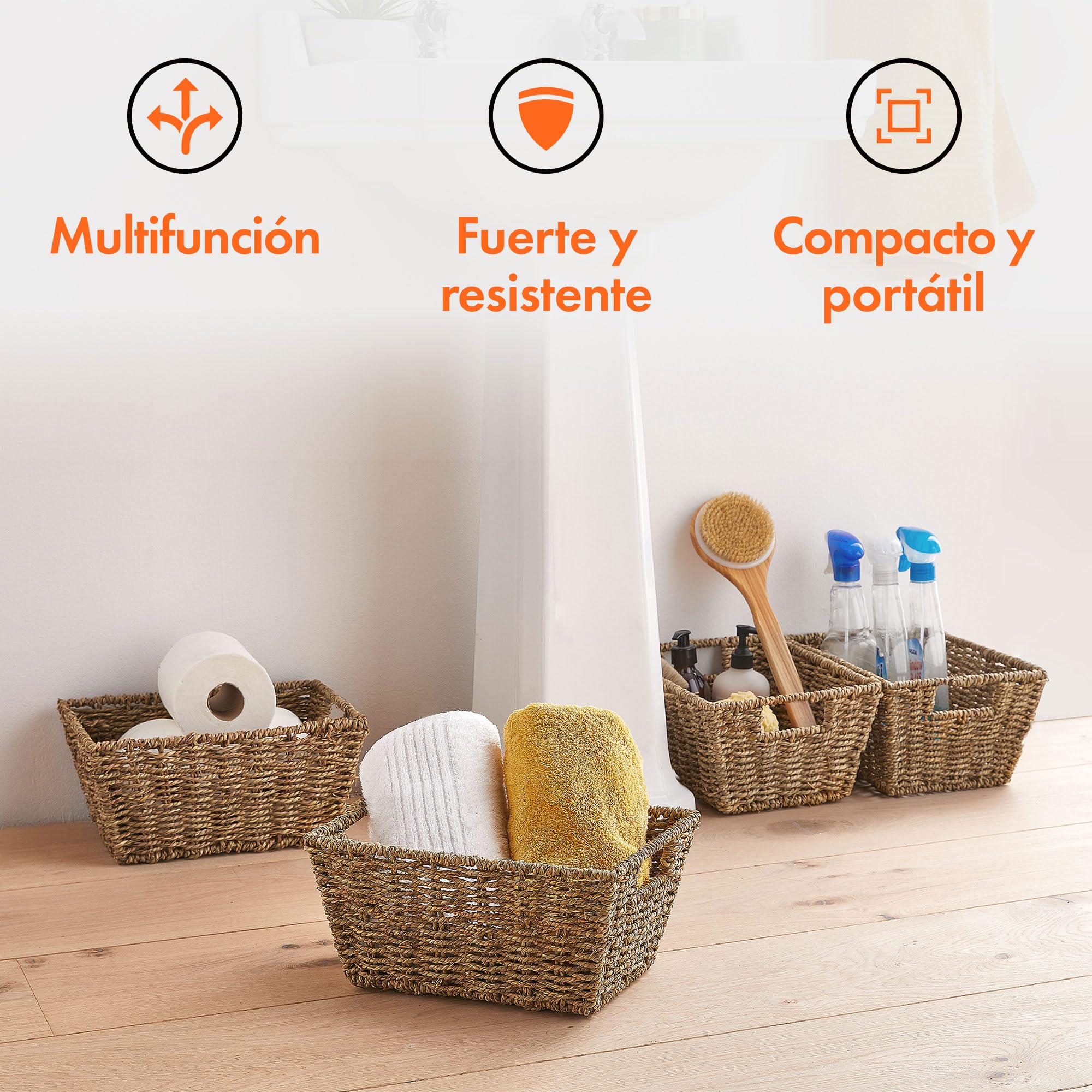 VonHaus Cestas de Almacenaje, Set de 4 Cestas de Junco Marino Natural Tejidas a Mano - Almacenaje de Baño Para Estanterías - Organizadoras con Asas para Dormitorio y Oficina