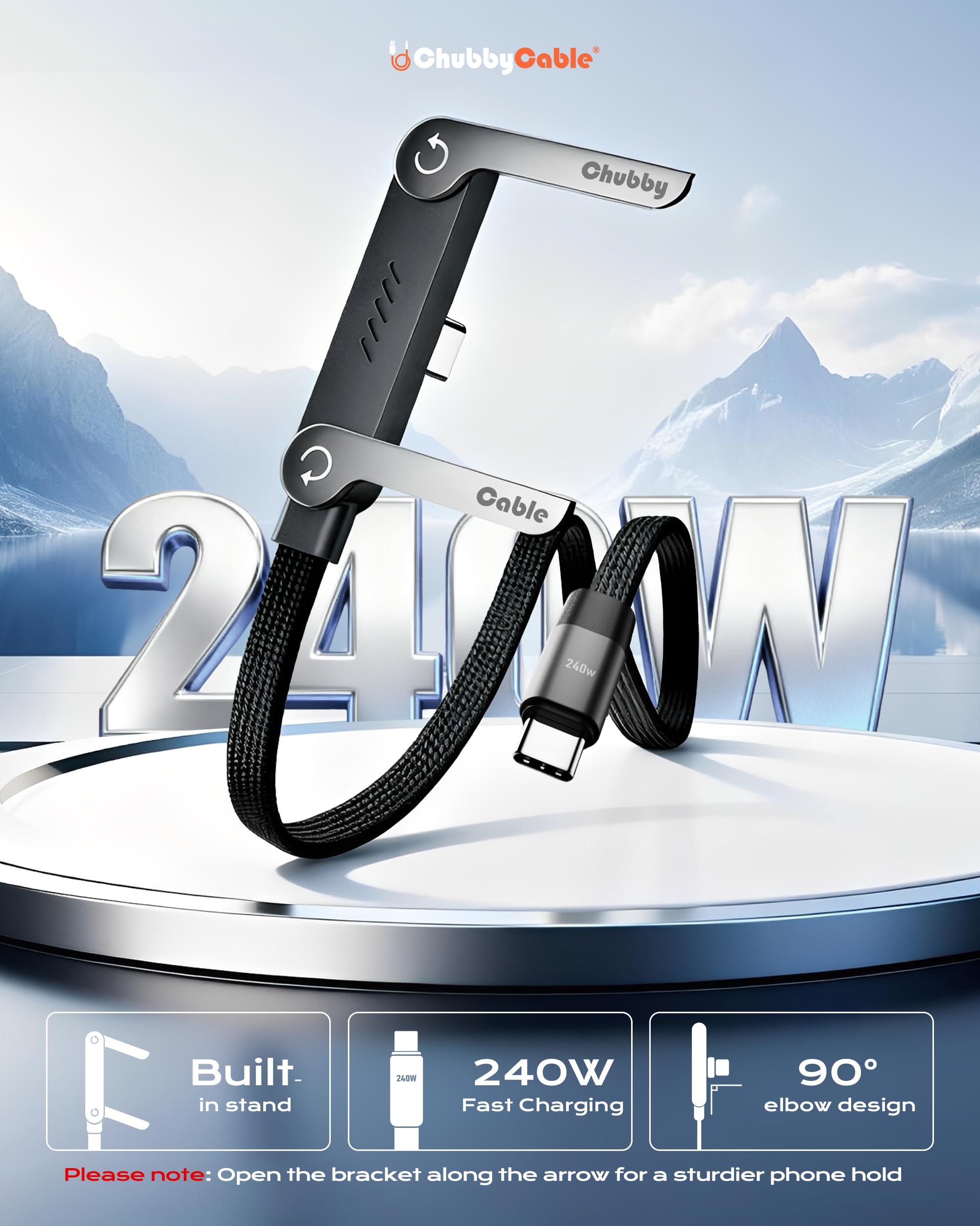 chubbycable StandLite - Cavo di ricarica rapida intrecciato da 240 W con supporto per telefono integrato, a forma di T, pieghevole, durevole, cavo USB-C a 90 gradi, cavo di ricarica multifunzione ad