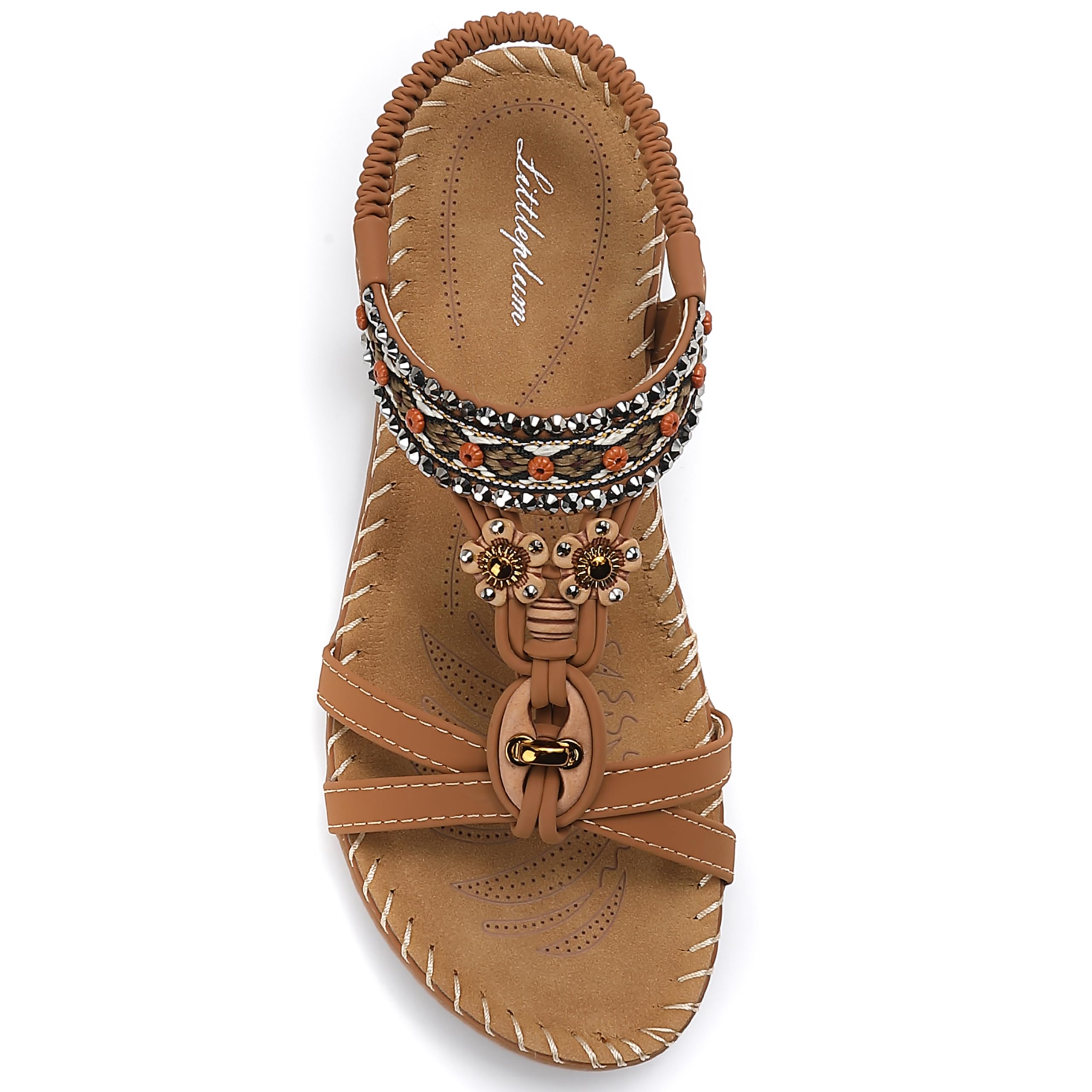 Littleplum Sandalen Damen Freizeit Flach Sandalette mit Strass Perlen Bohemia Strand Schuhe Casual Ankle Elastic Flip Flops