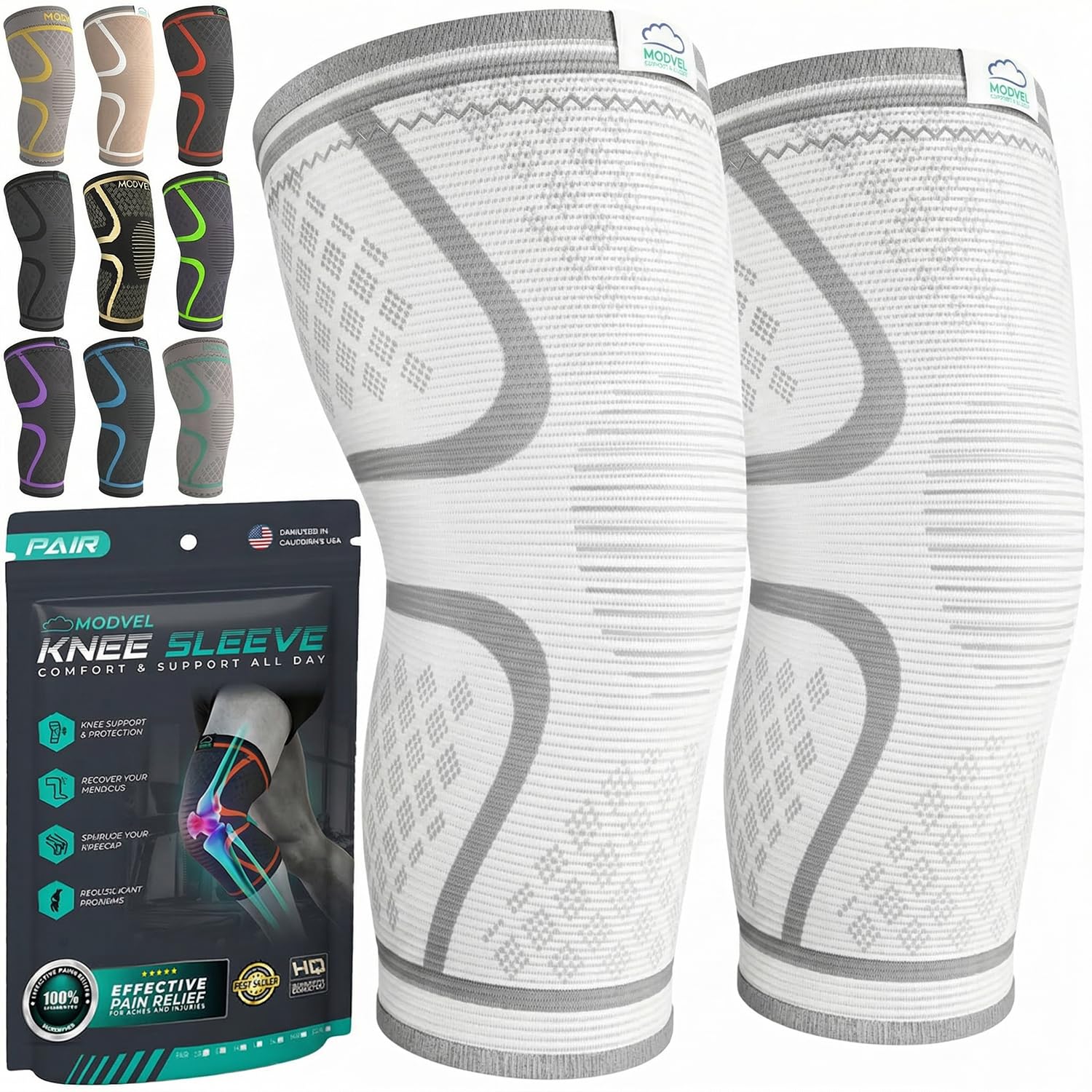 Modvel Compression Knee Brace for Women & Men, Large White (2-Pack) | FDA Approved Orthopedic Support - main product image