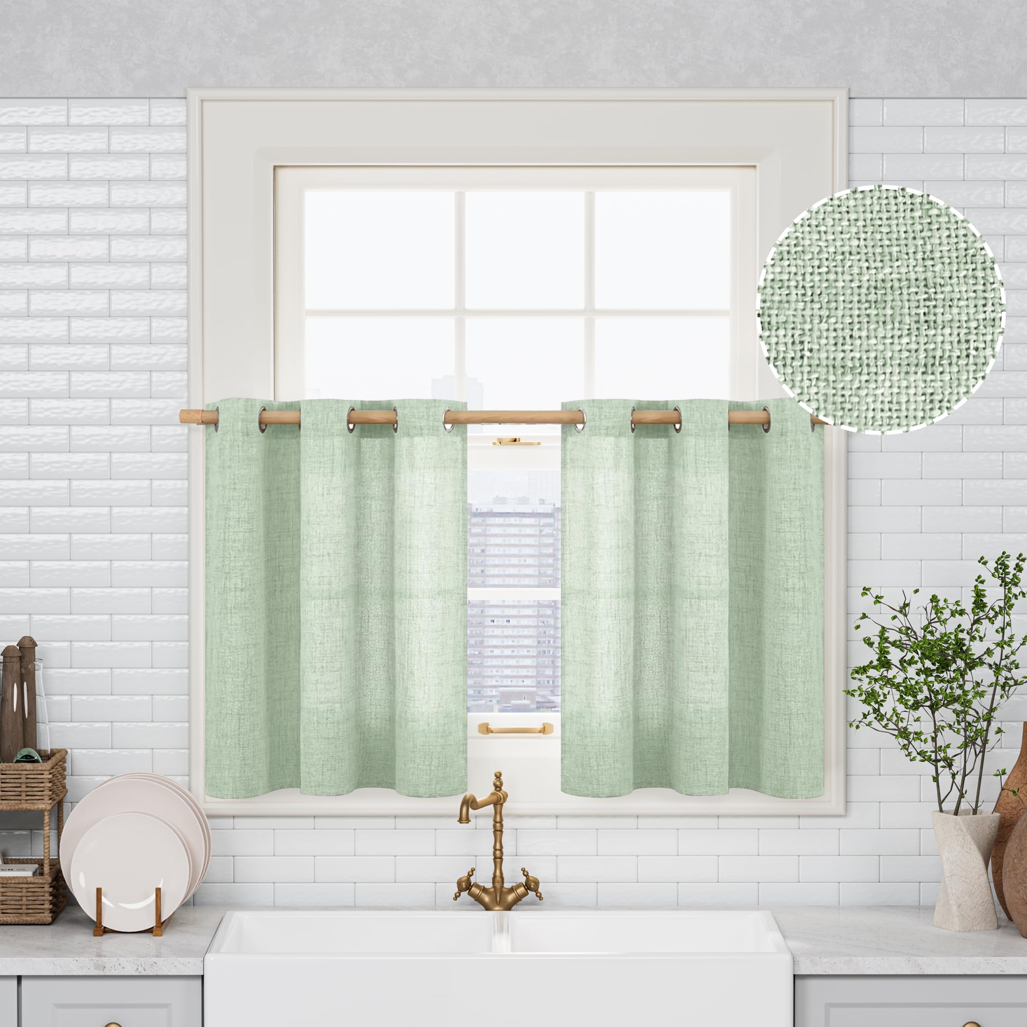 QUEMAS Sage Green Short Kitchen Curtains 30 Inch Length for Small Window, Linen Curtains Light Filtering Burlap Textured Semi Sheer Non See Through Grommet Bedroom/Farmhouse, 42 Inch Wide 2 Panel โ image 1